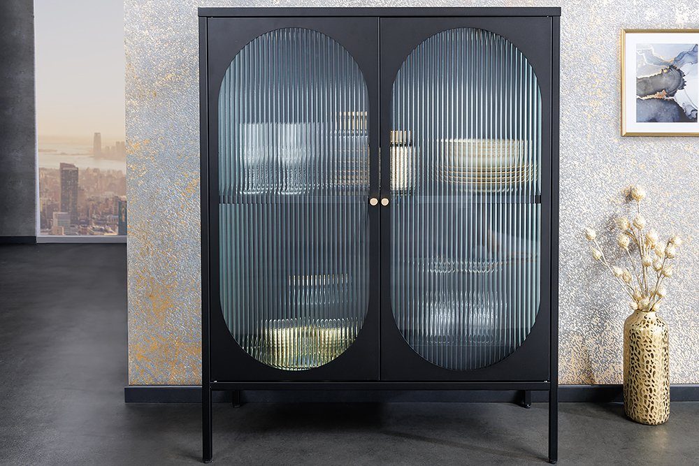 riess-ambiente Vitrine PARIS 110cm schwarz/gold/transparent - Metall-Korpus, Riffelglas-Türen (Einzelartikel, 1-St) edler Schrank mit verstellbaren Fächern – ideal für Wohn- & Essbereich