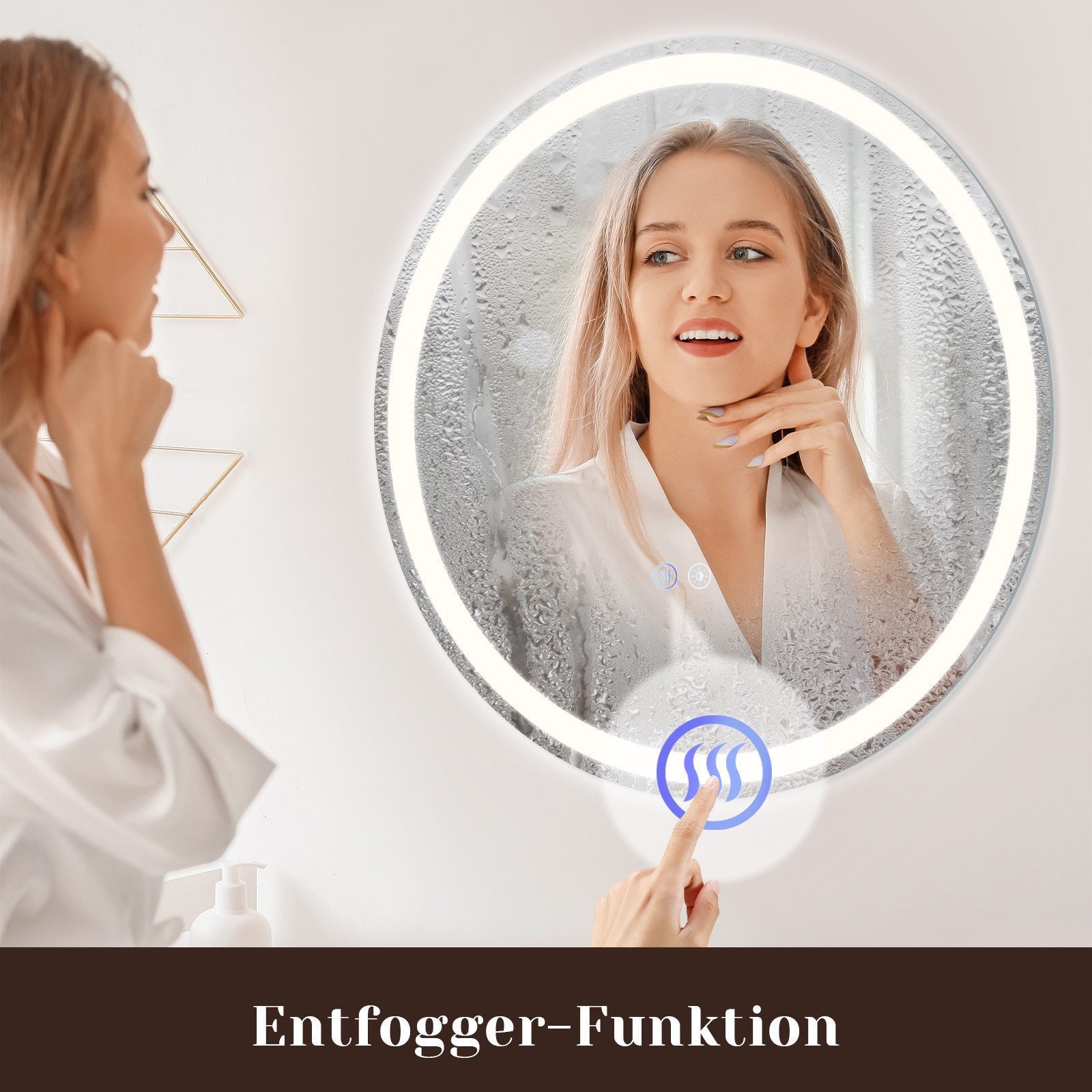 Nettlife Badspiegel Rund Touch Schalter und Entfogger Wandspiegel Beleuchtet 50/60/70/80cm, Dimmbar Memories Funktion Ideal für Badezimmer