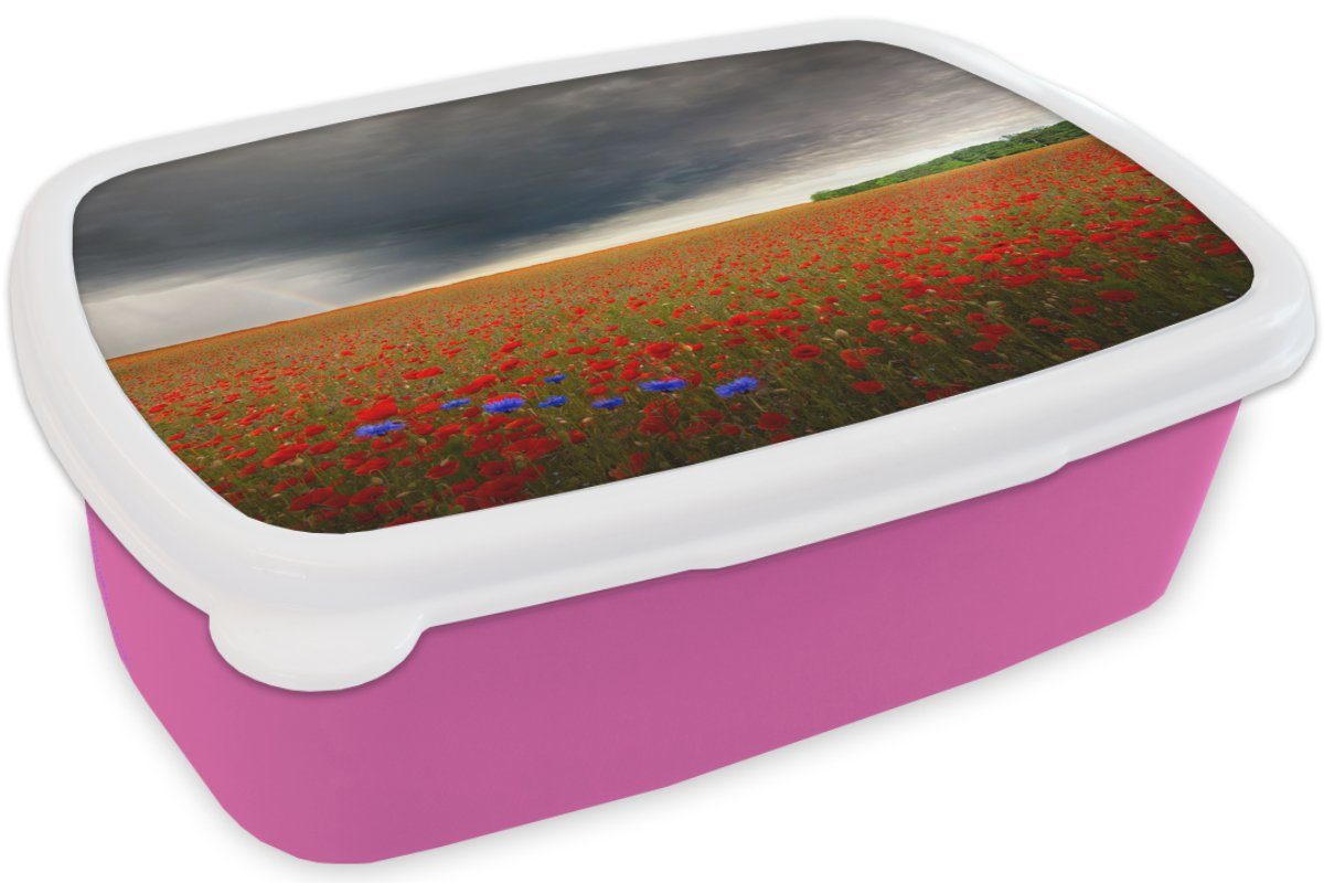 MuchoWow Lunchbox Blumen - Rot Kinder, Mädchen, für Kunststoff, rosa Brotbox Erwachsene, (2-tlg), Snackbox, Grau, Brotdose Kunststoff 