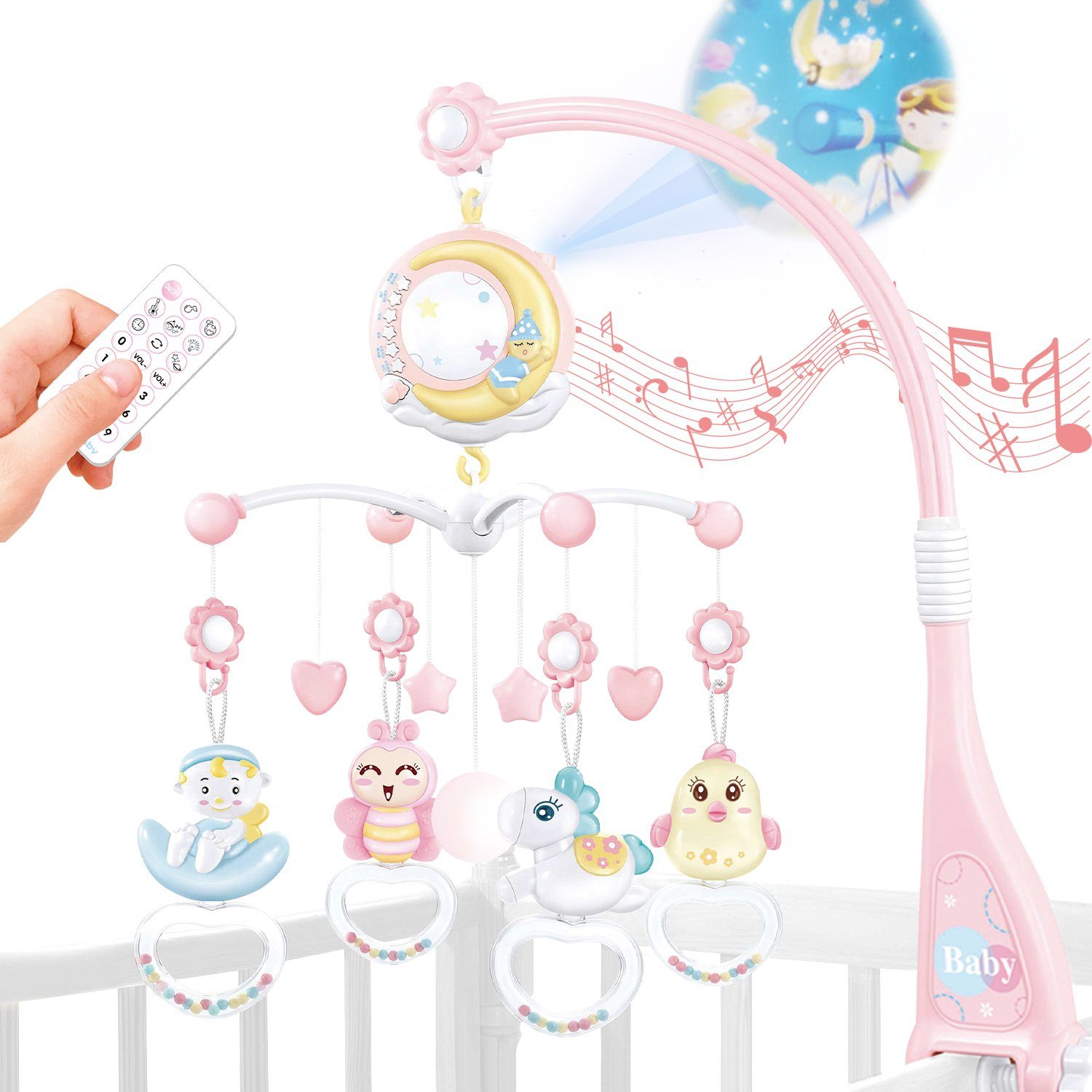 Esun Mobile Baby Mobile für Kinderbett Krippe mit Licht und Musik,Projektor, (Geschenkbox-Verpackung), hängenden rotierenden Rasseln mit 150 Melodien