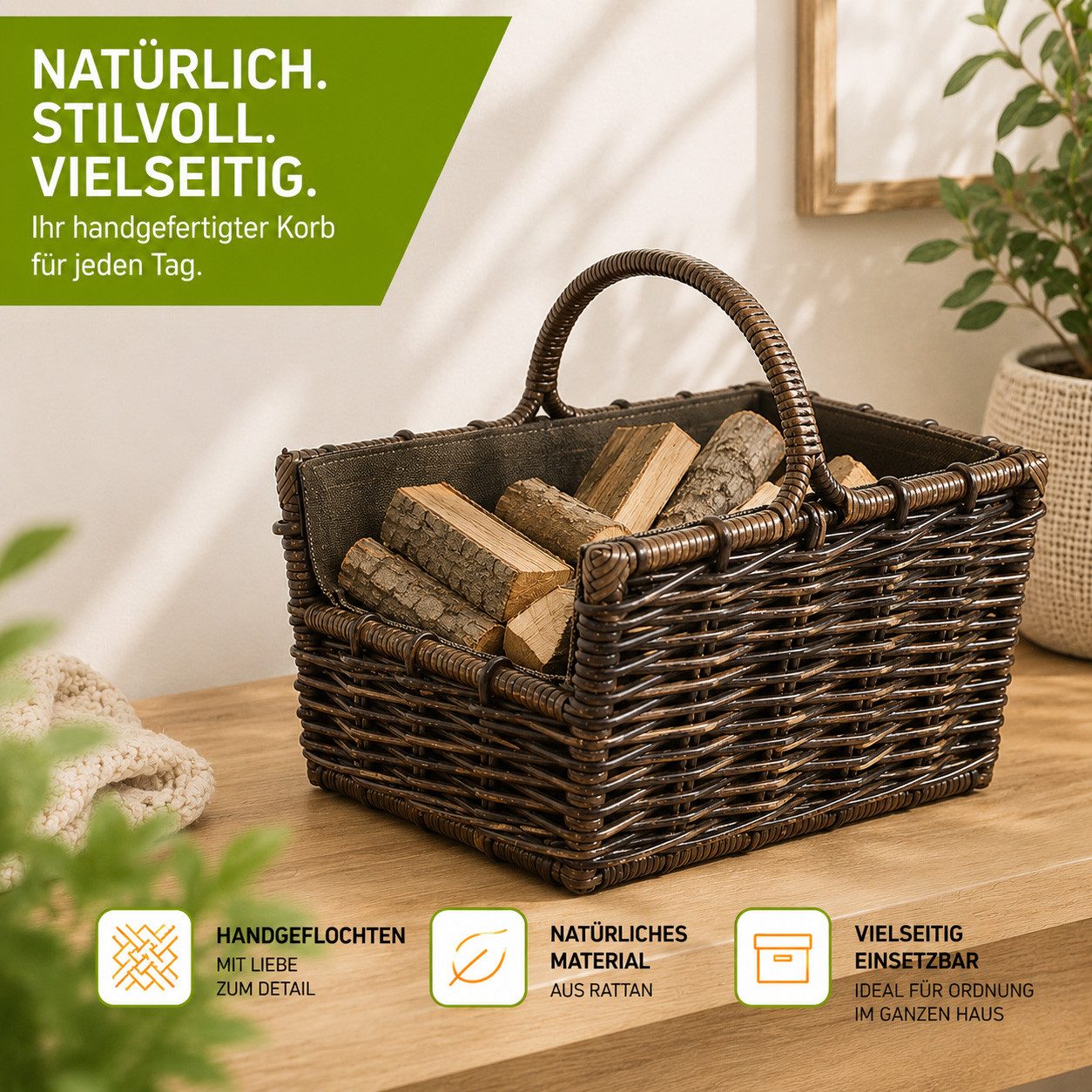 Kobolo Kaminholzkorb Holztrage Krabu Rattan - abnehmbarem dunklen Stoff