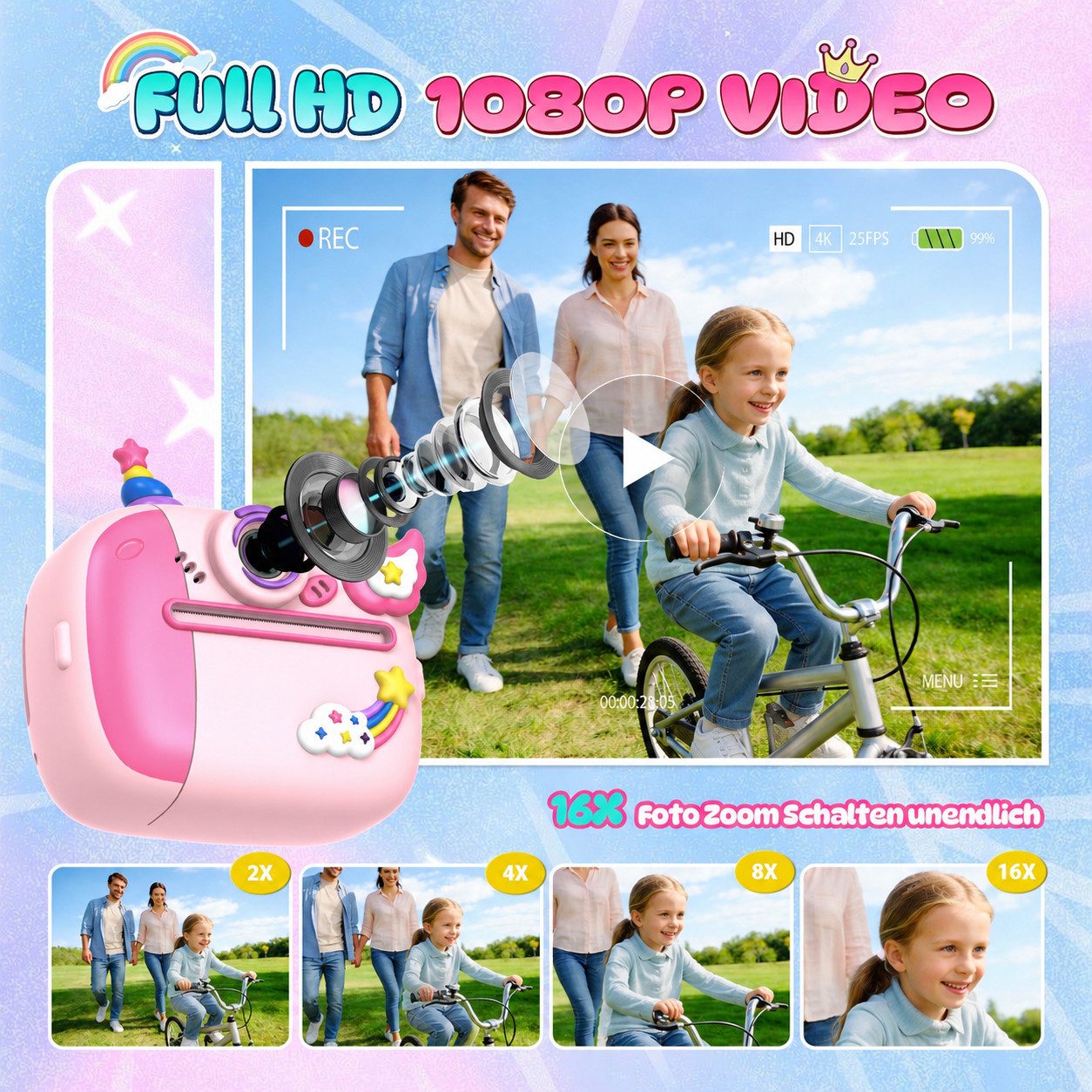 Wootoy Kinder Sofortbildkamera 48MP 1080P HD Digitalkamera Spielzeug Kinderkamera (3A03, 48 MP, inkl. 16-facher Digitalzoom und 2,4-Zoll-IPS-Display, Thermodruc – Bild 4 von 5