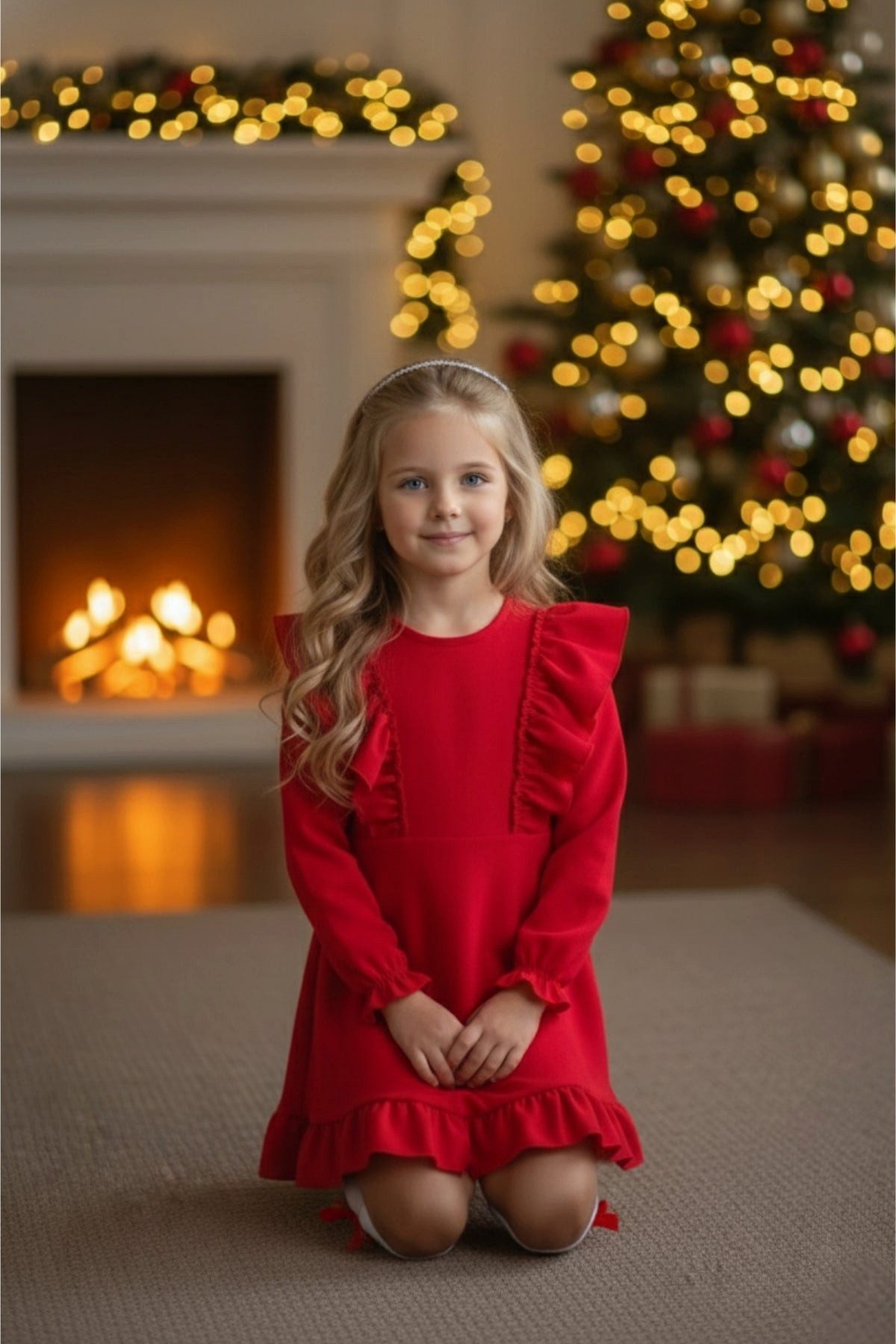 Parla Kids Sommerkleid Rotes Mädchen Leinenkleid – Langarm mit Rüschen