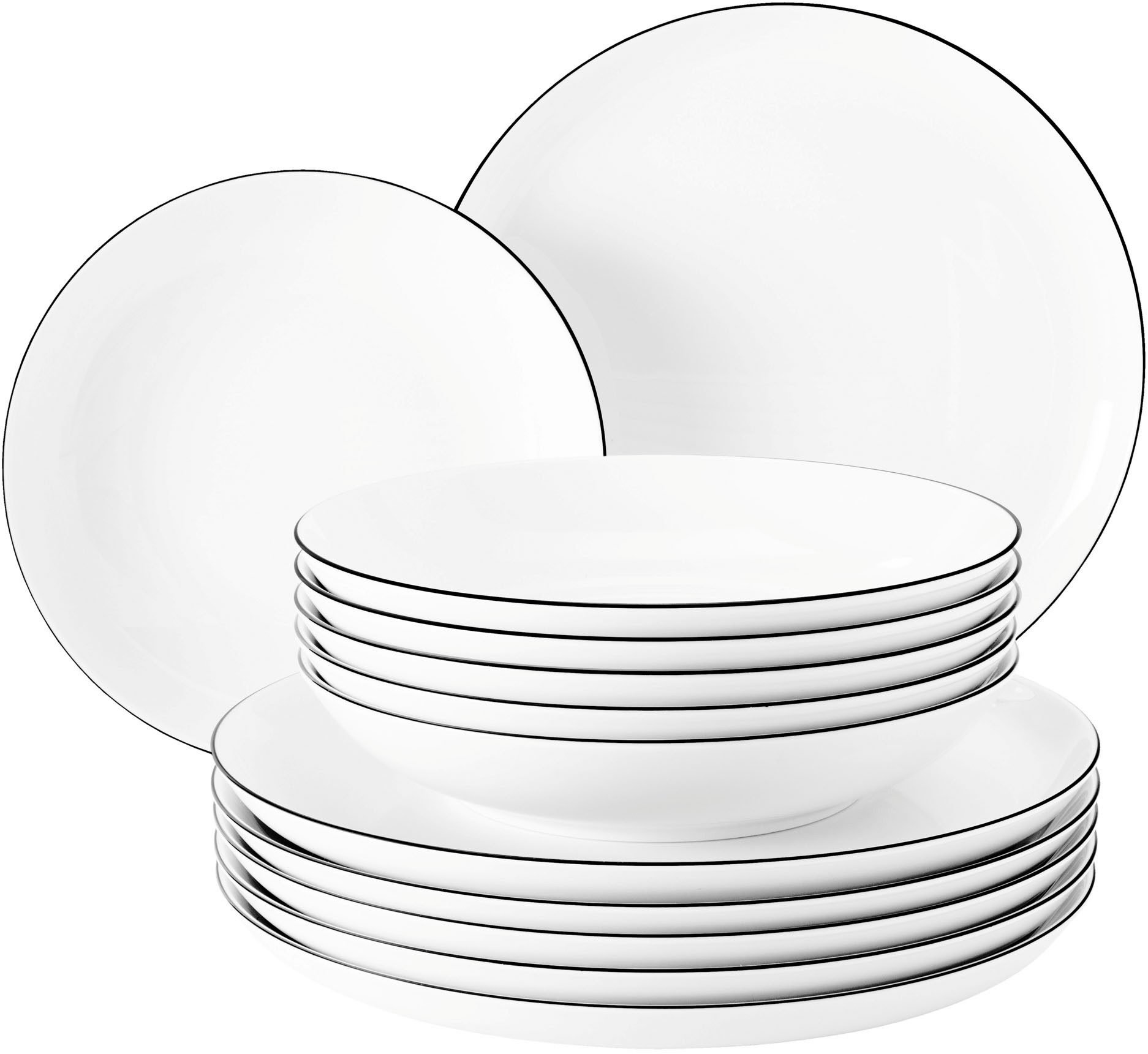 Seltmann Weiden Tafelservice Teller Set, Geschirr-Set Lido Black Line (12-tlg), 6 Personen, Porzellan, Suppenteller, 12 Teile, für 6 Personen, Made in Germany