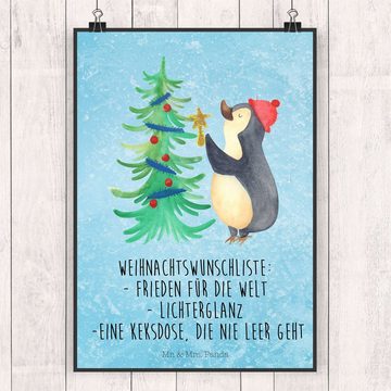 Mr. & Mrs. Panda Poster DIN A3 Pinguin Weihnachtsbaum - Eisblau - Geschenk, Handgemaltes Post, Pinguin Weihnachtsbaum (1 St), Fantasievolle Designs