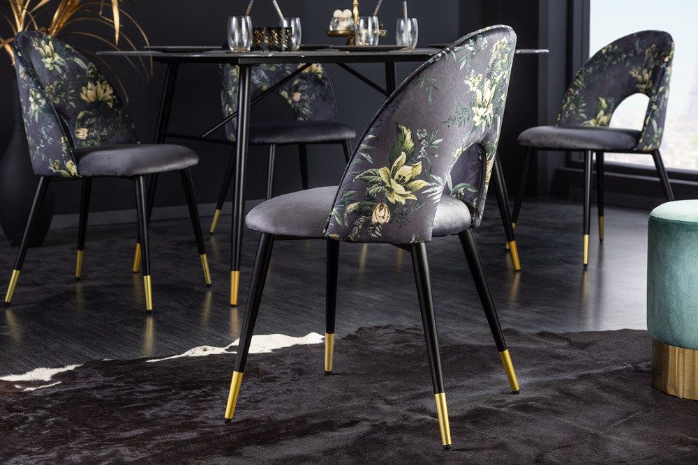 riess-ambiente Esszimmerstuhl PRÊT-À-PORTER grau/schwarz – Samt, florales Muster, goldene Fußkappen (Einzelartikel, 1 St), Retro-Stuhl mit Glamour-Effekt – ideal für Esszimmer oder Büro