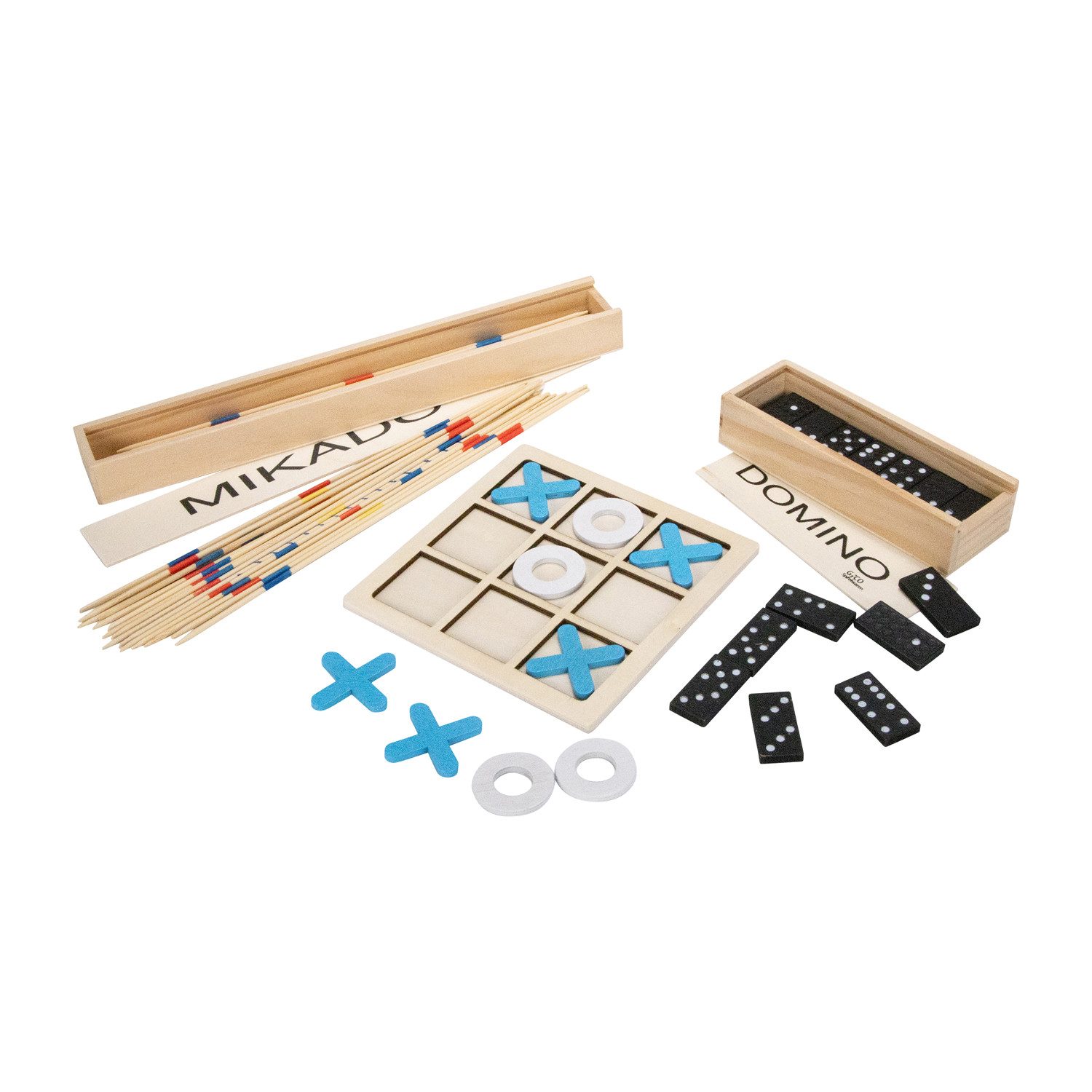 Spielesammlung GICO Reise Spiel Set Holz:Domino Mikado und Tic Tac Toe 7966