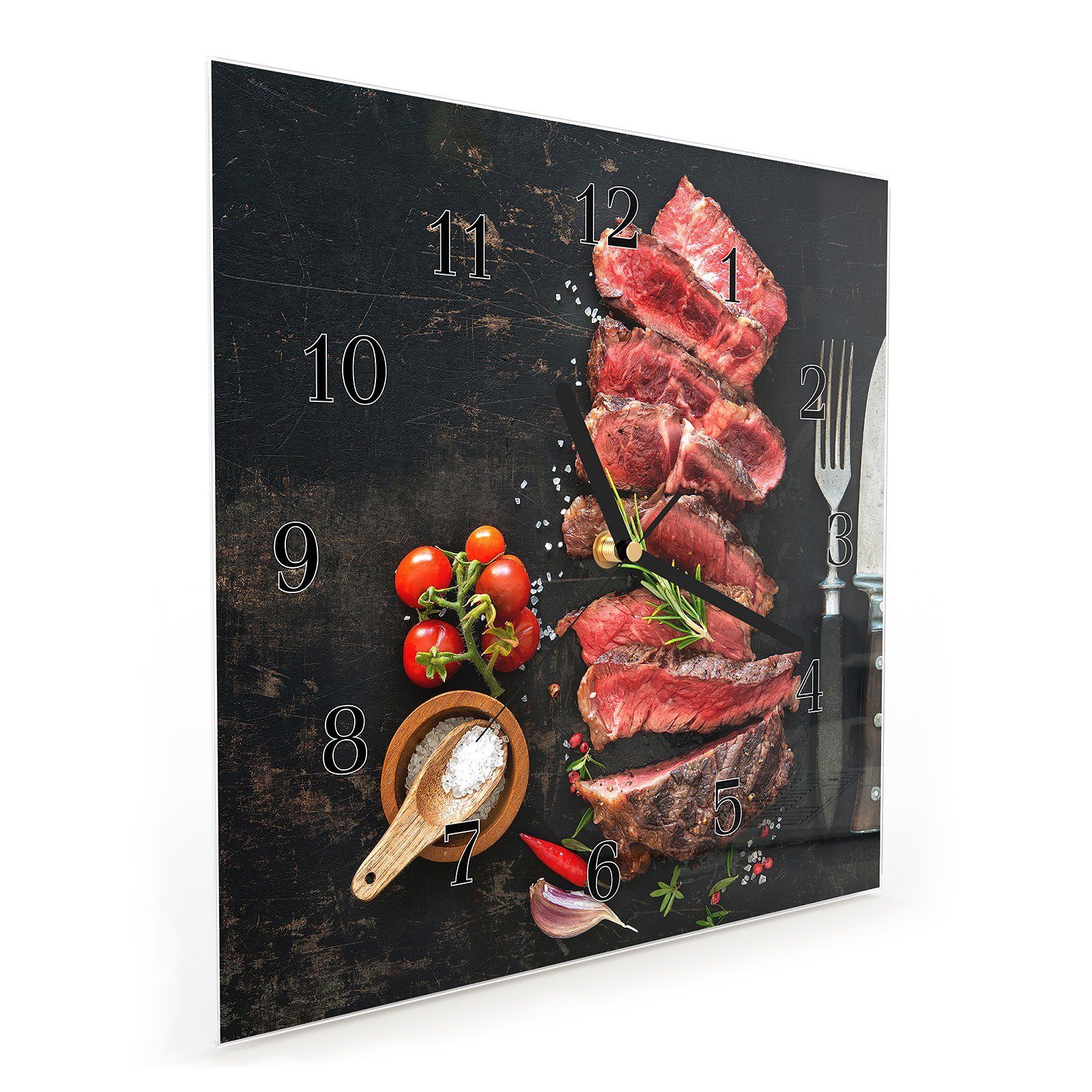 Wanduhr Platte 30 Größe Wanduhr Steak Glasuhr x Ribeye Primedeco 30 cm Wandkunst auf mit Motiv