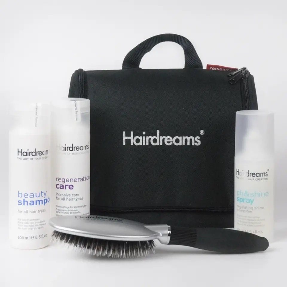 Hairdreams Haarpflege-Set Home Care Deluxe Set 3 mit Volume Shampoo, Set, 5- tlg., Volumenschampoo, Regeneration Care, ph&shine Spray, Bürste, Tasche,  für Haare mit Echthaarverlängerungen