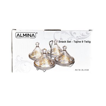 Almina Snackschale Snack-Set Tajine 9 Teilig aus Glas mit goldenen und silbernen Muster