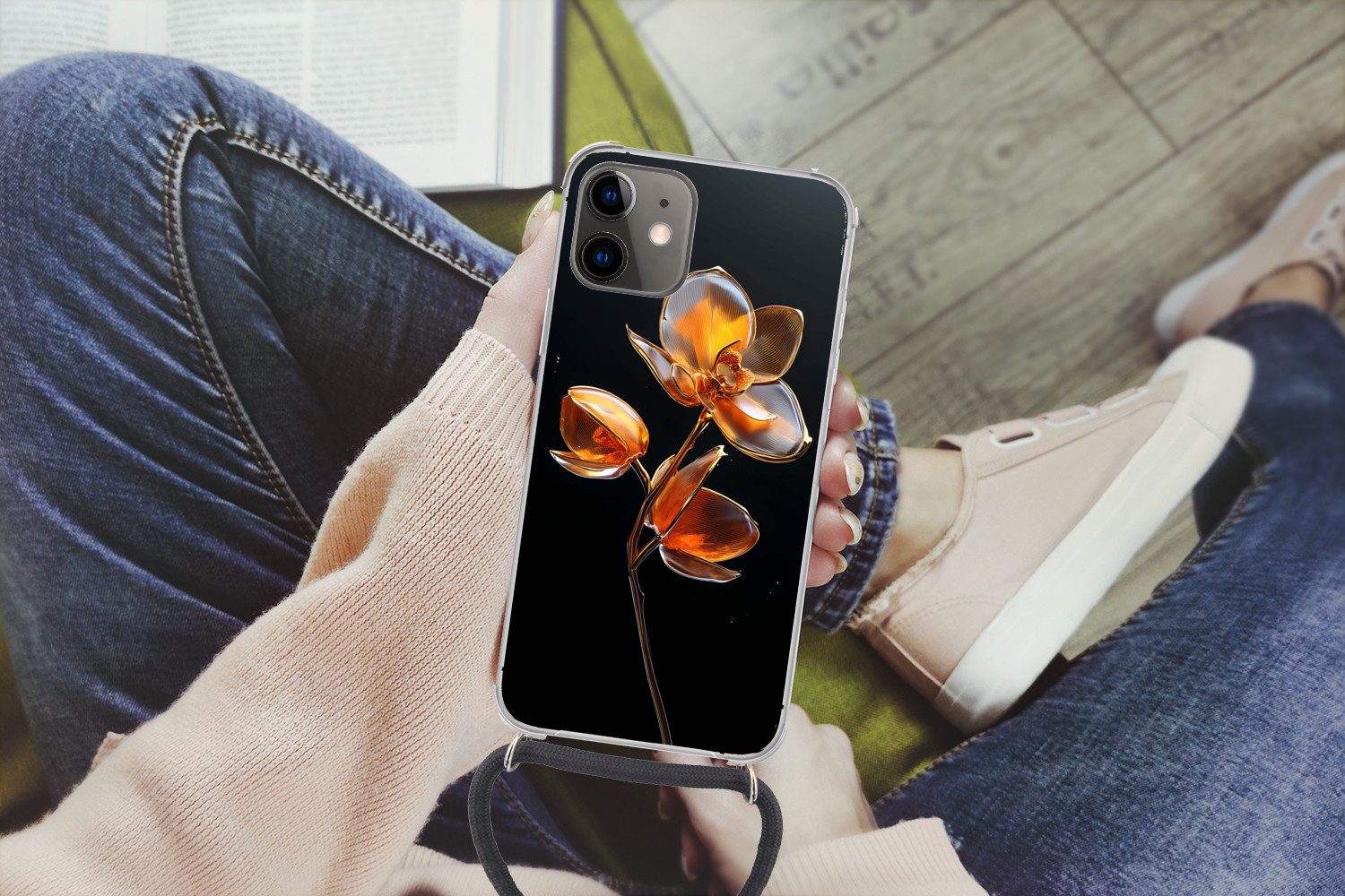 MuchoWow Handyhülle für Apple iPhone 12 Mini Blume - Orchidee - Orange, Tragbare Handyhüllen mit Kette zum umhängen, Handykette Handyband