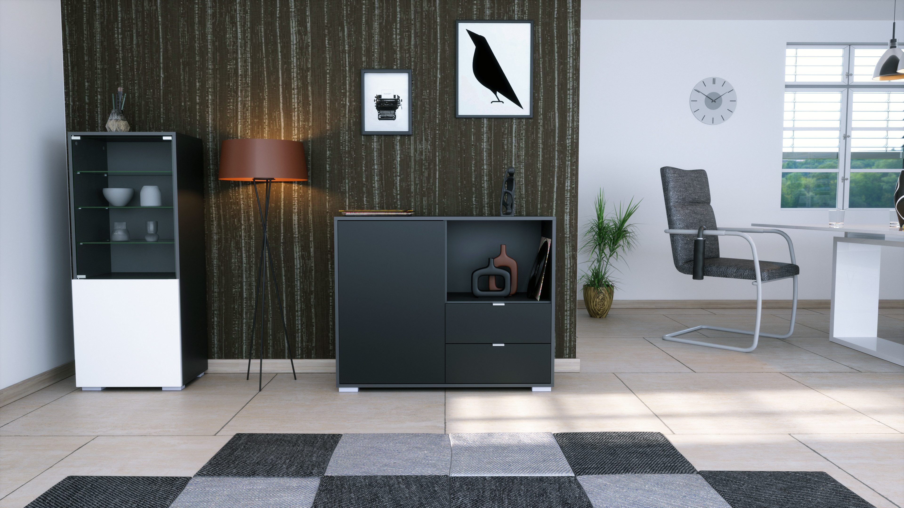 Vladon Kommode Milano (Kommode mit 1 Tür Schwarz matt, 2 Schubladen Schwarz matt, Made in Germany), Korpus Anthrazit matt (103 x 83 x 37 cm)
