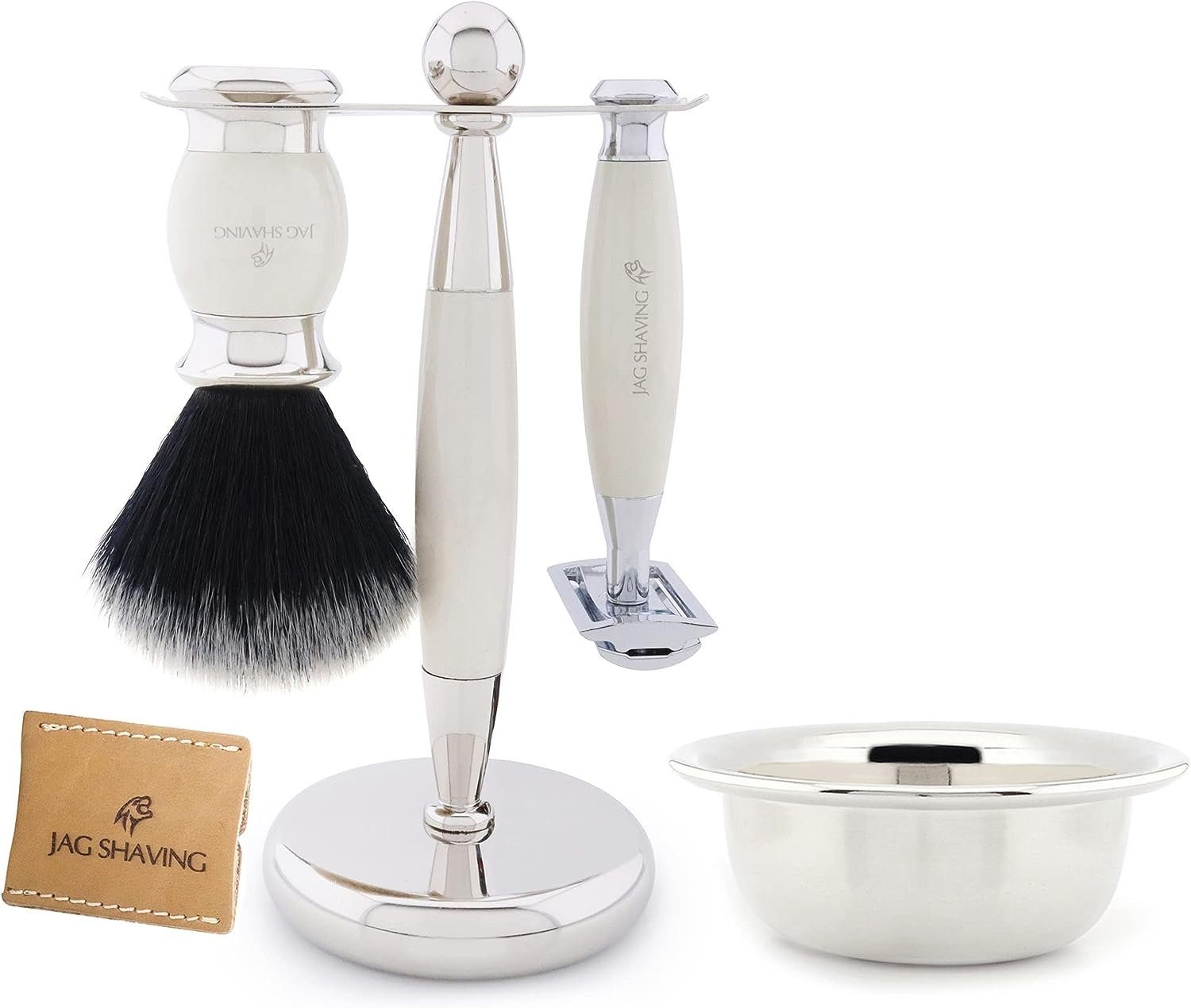 JAG SHAVING Rasierpinsel-Set Herren-Rasierhobel, schwarzer Synthetik-Rasierpinsel, Rasierset 5 pc, Set, 5 tlg., Rasierset mit zusätzlichem Rasierzubehör für eine klassische Rasur., Für eine optimale Aufbewahrung den Rasierer von Hand aufbewahren.