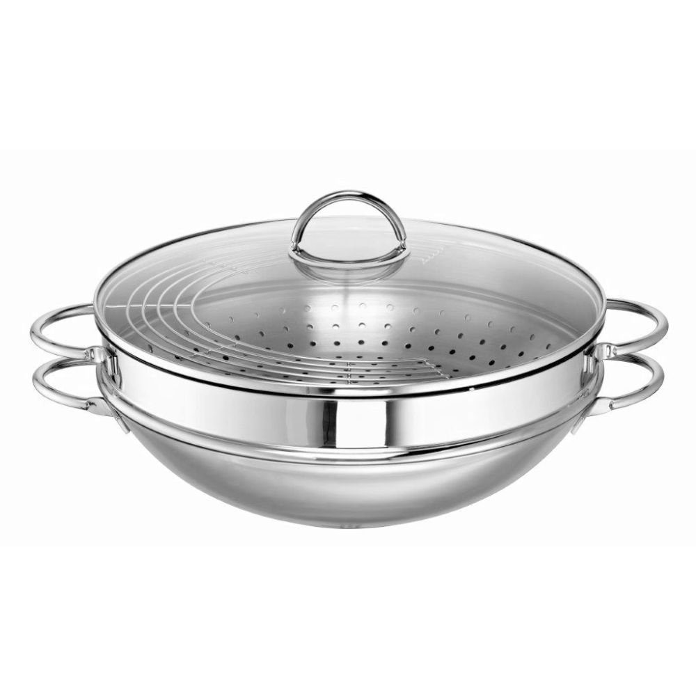 ROHE Germany Bratpfanne Wok-Set Ravenna, ca 7,00 l, Edelstahl 18/10 (3-Teilig, 1 x Wok, 1 x Dämpfaufsatz, 1 x Gitter, 1 x Deckel), Hochglanzpoliert, induktionsgeeignet