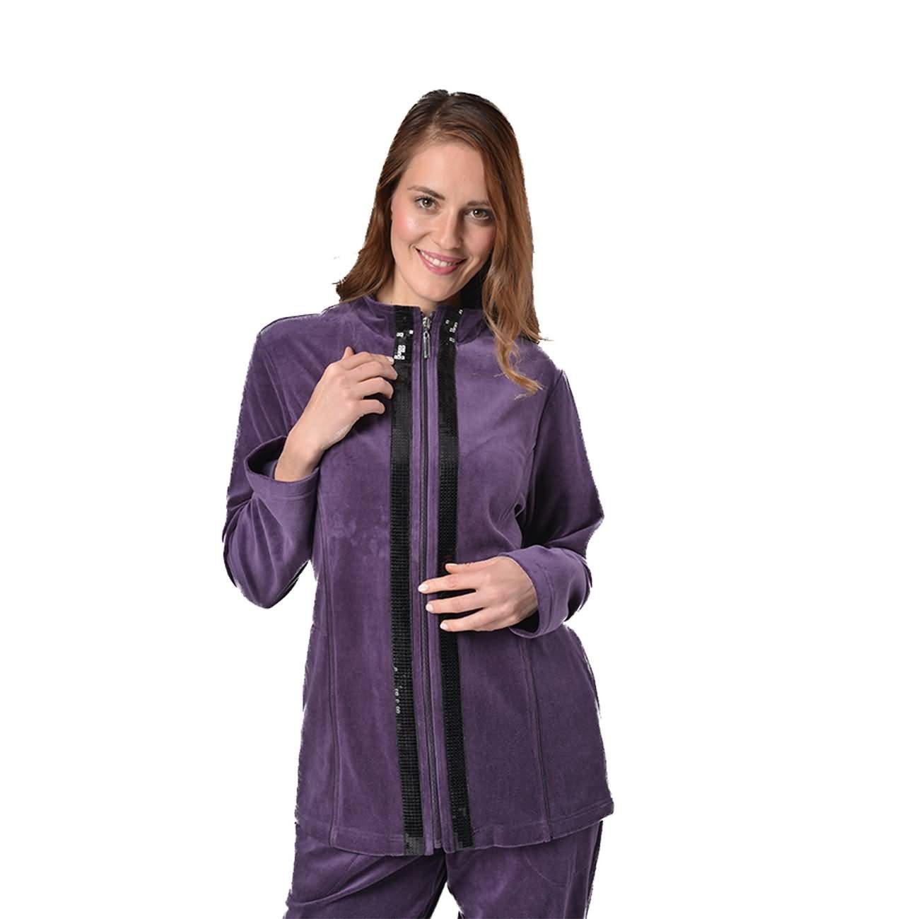 RAIKOU Hausanzug Damen Velours Nicki-Anzug Freizeitanzug Hausanzug (2 tlg) zwei glänzende, schwarze Paillettenreihen