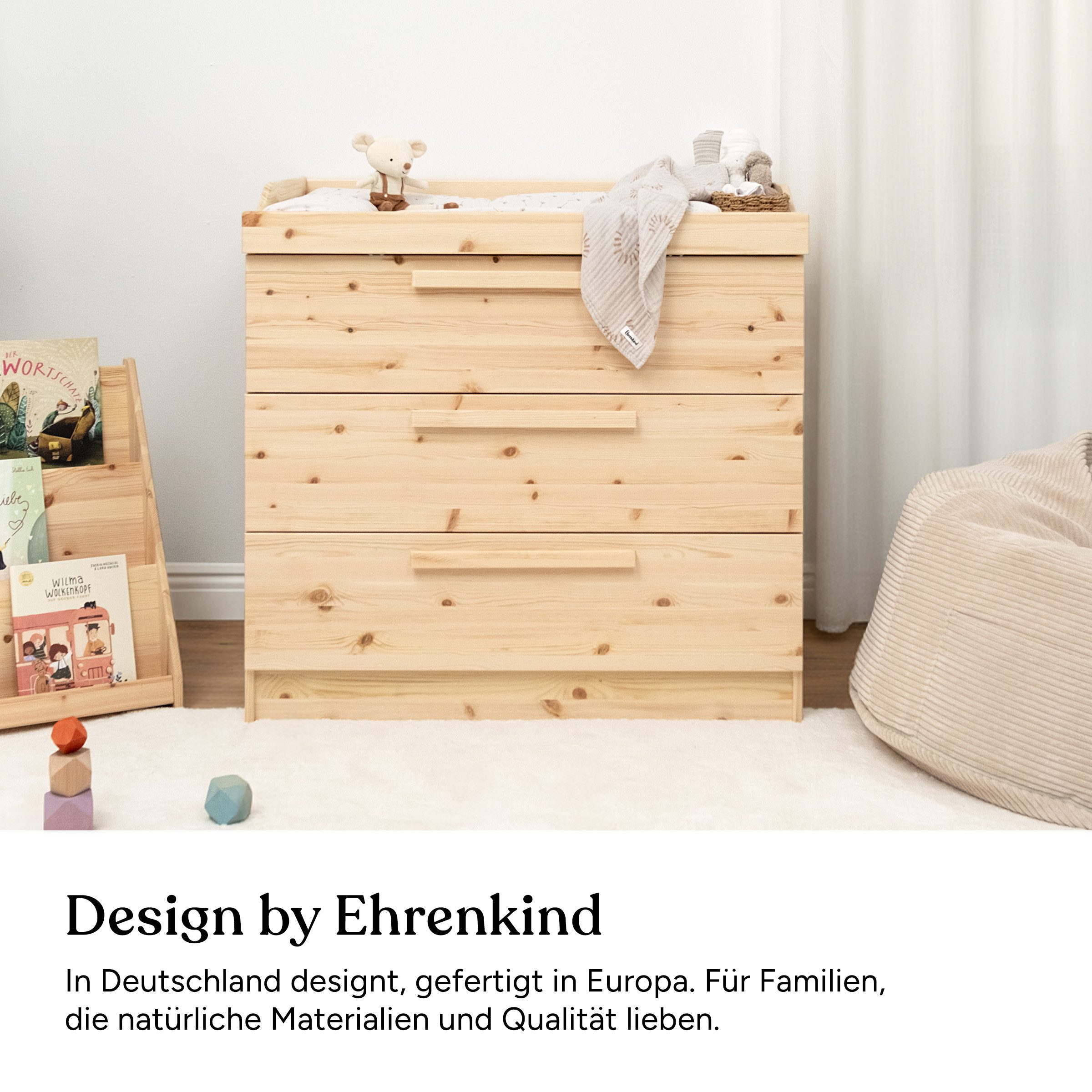 Ehrenkind Wickelkommode Linia mit abnehmbarem Wickelaufsatz aus Kiefer, 3 Schubladen, made in Europe