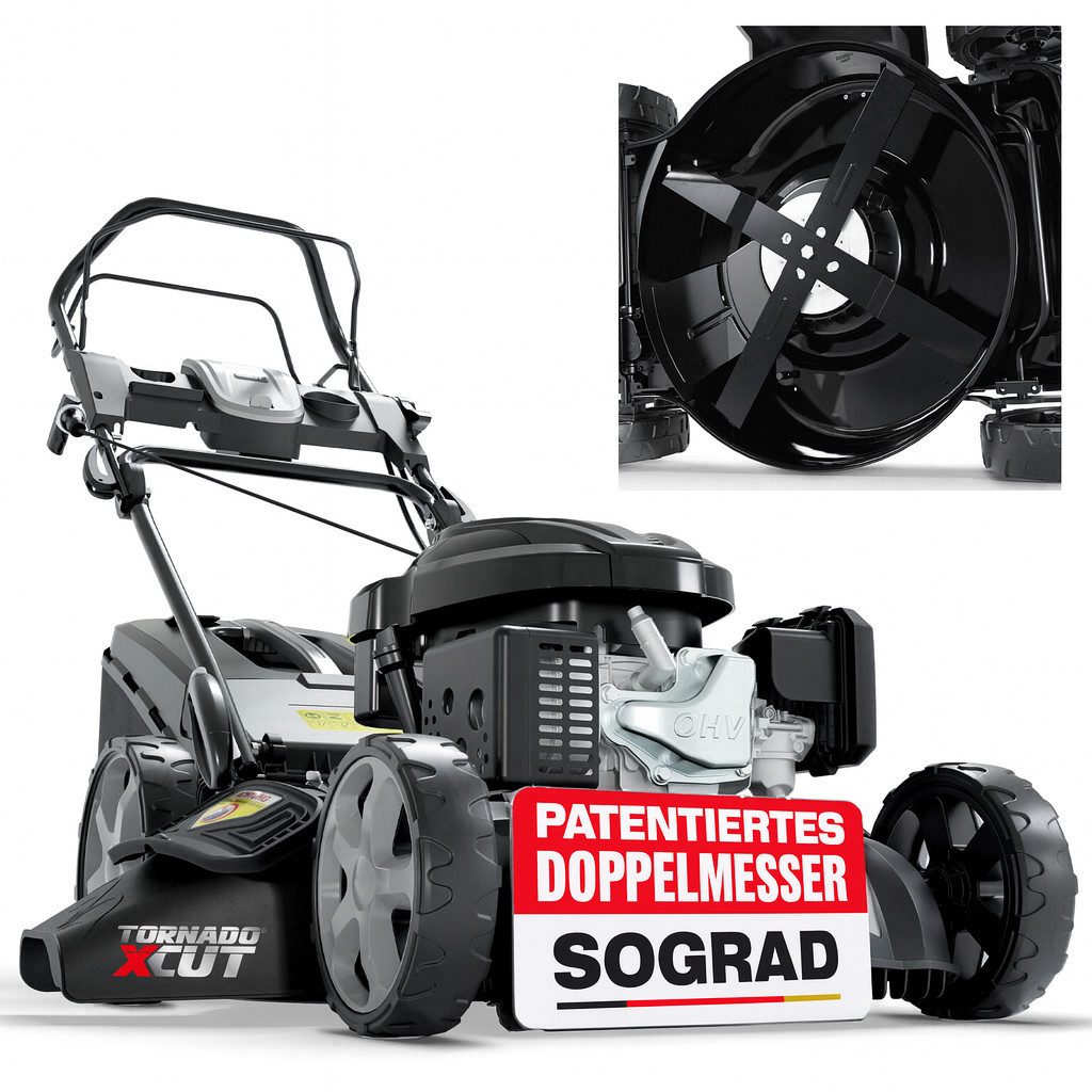Onbest Benzinrasenmäher mit Antrieb, 5in1, 60 Liter Fangkorb, 51 cm Schnittbreite, 6,5 PS, Mulchkit, Sograd-Lüfterrad