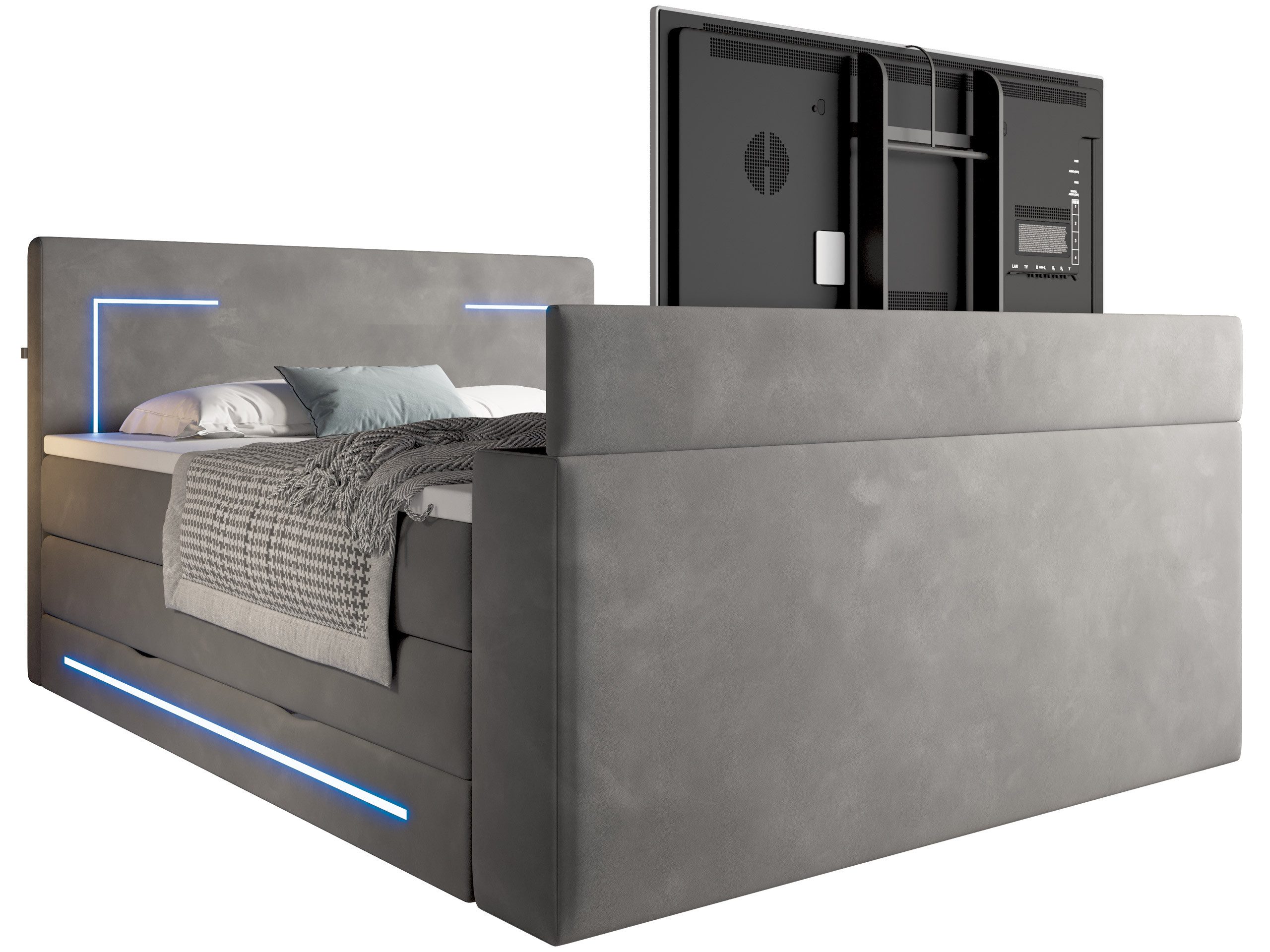 wonello Boxspringbett Monaco mit TV-Lift, mit Bettkasten, Matratzen und Topper, mit LED-Beleuchtung, Samt