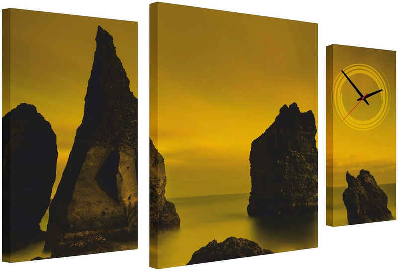 Conni Oberkircher´s Bild mit Uhr »Sepia Coast - Sepia Küste«, Meer (Set), mit dekorativer Uhr, Klippen, Sonnenuntergang, Natur