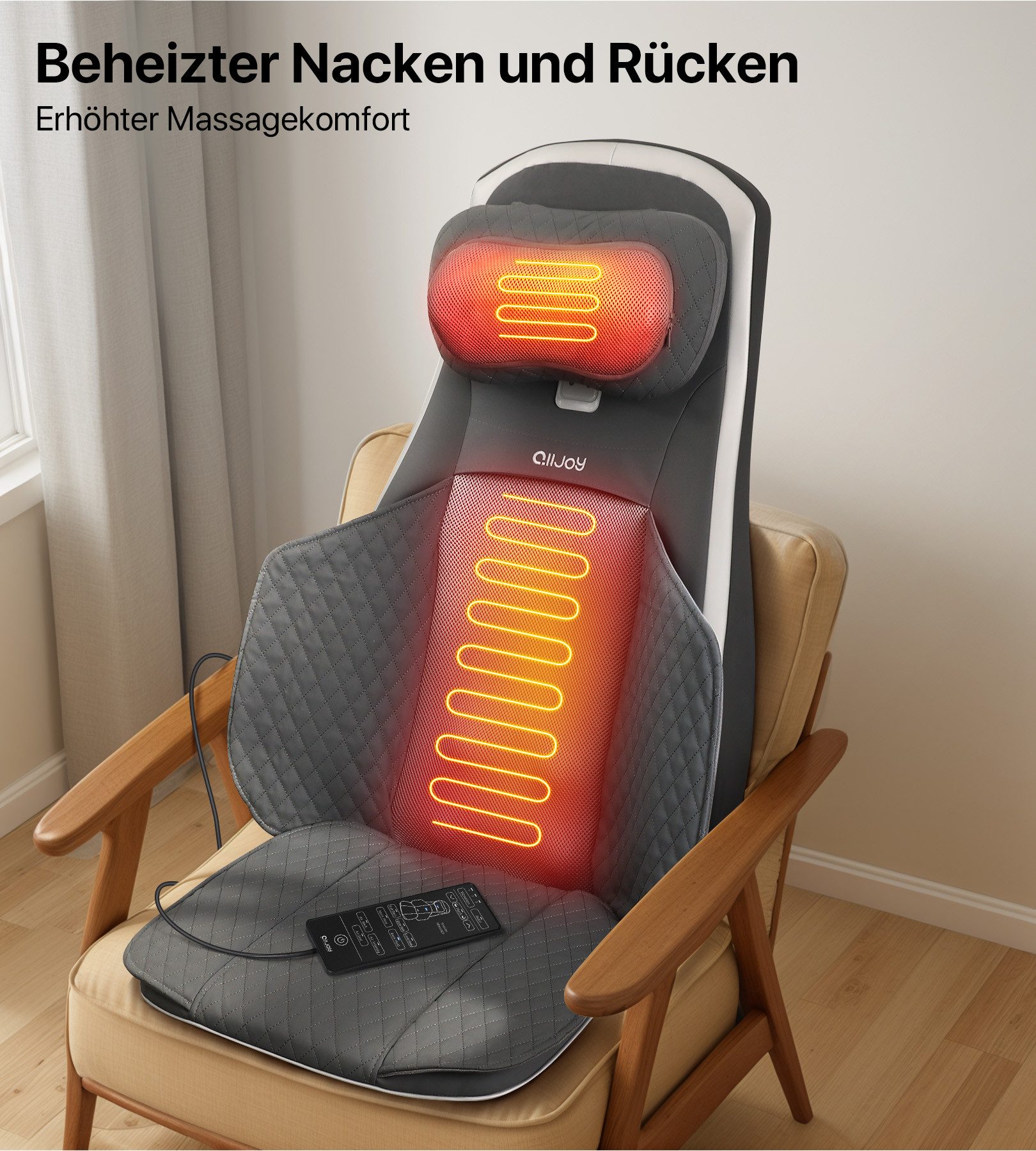 ALLJOY Massagesitzauflage Shiatsu‑Massagesitzauflage,Massage‑Sitzkissen,Rücken‑Massageauflage, Wärmefunktion, Abnehmbarer waschbarer Bezug,Intensitätsregulierun – Bild 5 von 5