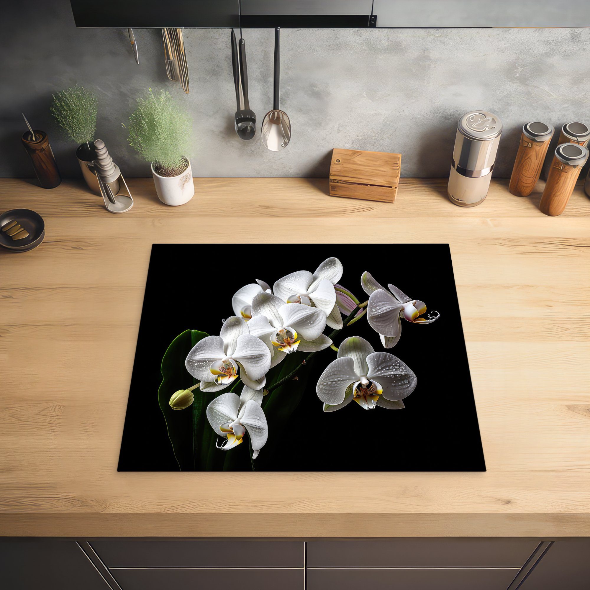 tlg), - Natur - Vinyl, Schwarz, Arbeitsfläche Weiß - - MuchoWow Blumen nutzbar, Ceranfeldabdeckung Mobile Herdblende-/Abdeckplatte (1 cm, Orchidee 60x52