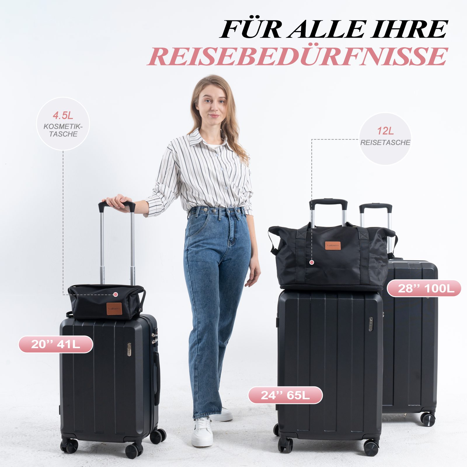 VALLSERO Trolleyset Koffer-Set( M,L,XL) Hartschalen-Koffer, Rollkoffer 5-teiliges Set, Handgepäck 4 Rollen, ABS-Material, Schwarz/Pink