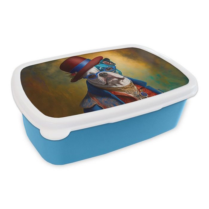 MuchoWow Lunchbox Hund - Porträt - Kleidung - Hut - Abstrakt Kunststoff (2-tlg) Brotdose für kindergarten Vesperbox Snackbox Brotbox Jungen