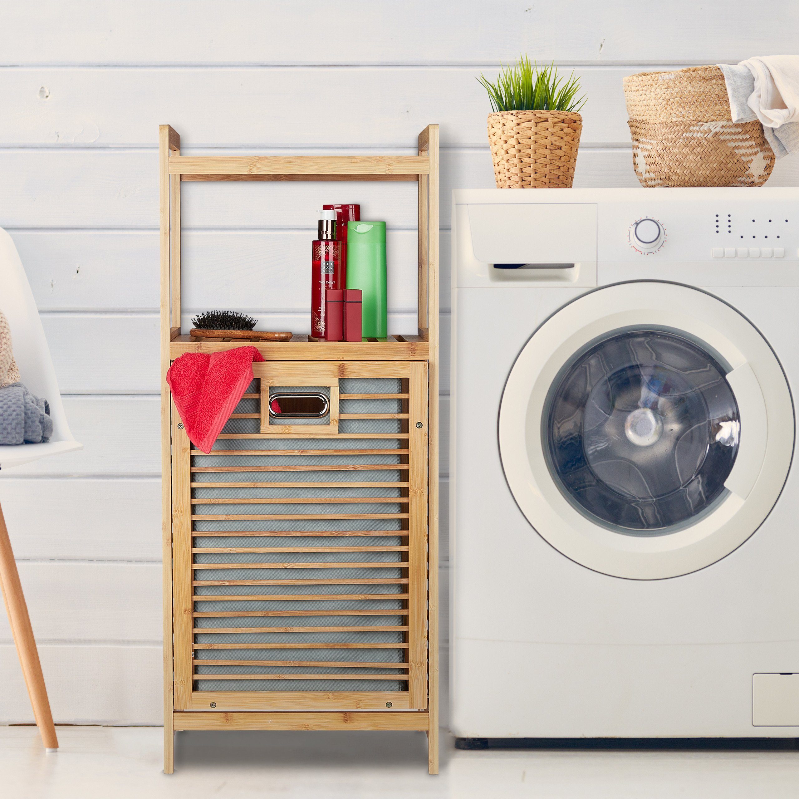 relaxdays Badregal Bambus Badregal mit Wäschekorb günstig online kaufen