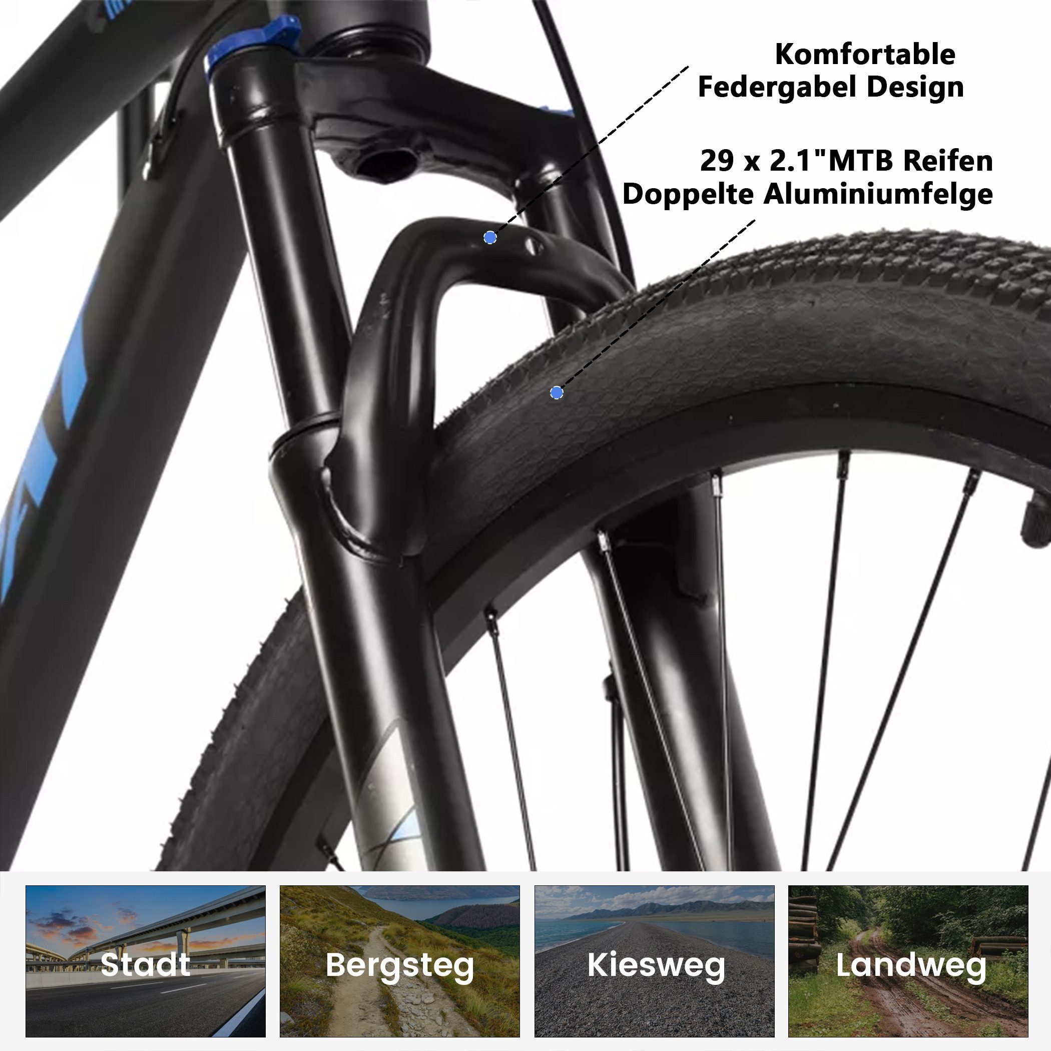 CARPAT SPORT Mountainbike 27,5 29 Zoll MTB Fahrrad für Herren Damen, 21 Gang Shimano TZ Tourney Schaltwerk, Kettenschaltung, (Aluminium Rahmen, Mechanische Sche – Bild 4 von 5
