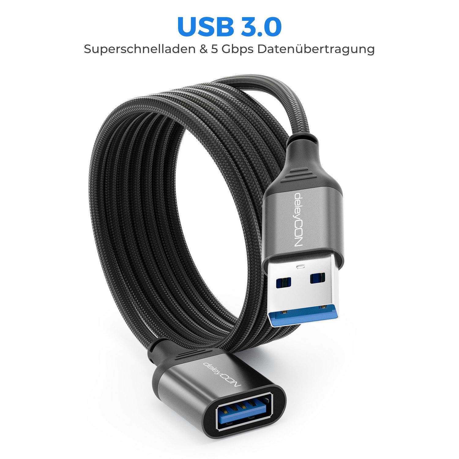 deleyCON deleyCON 2x 1m USB 3.0 Verlängerungskabel (5Gbps, A Stecker/A Buchse, USB-Kabel
