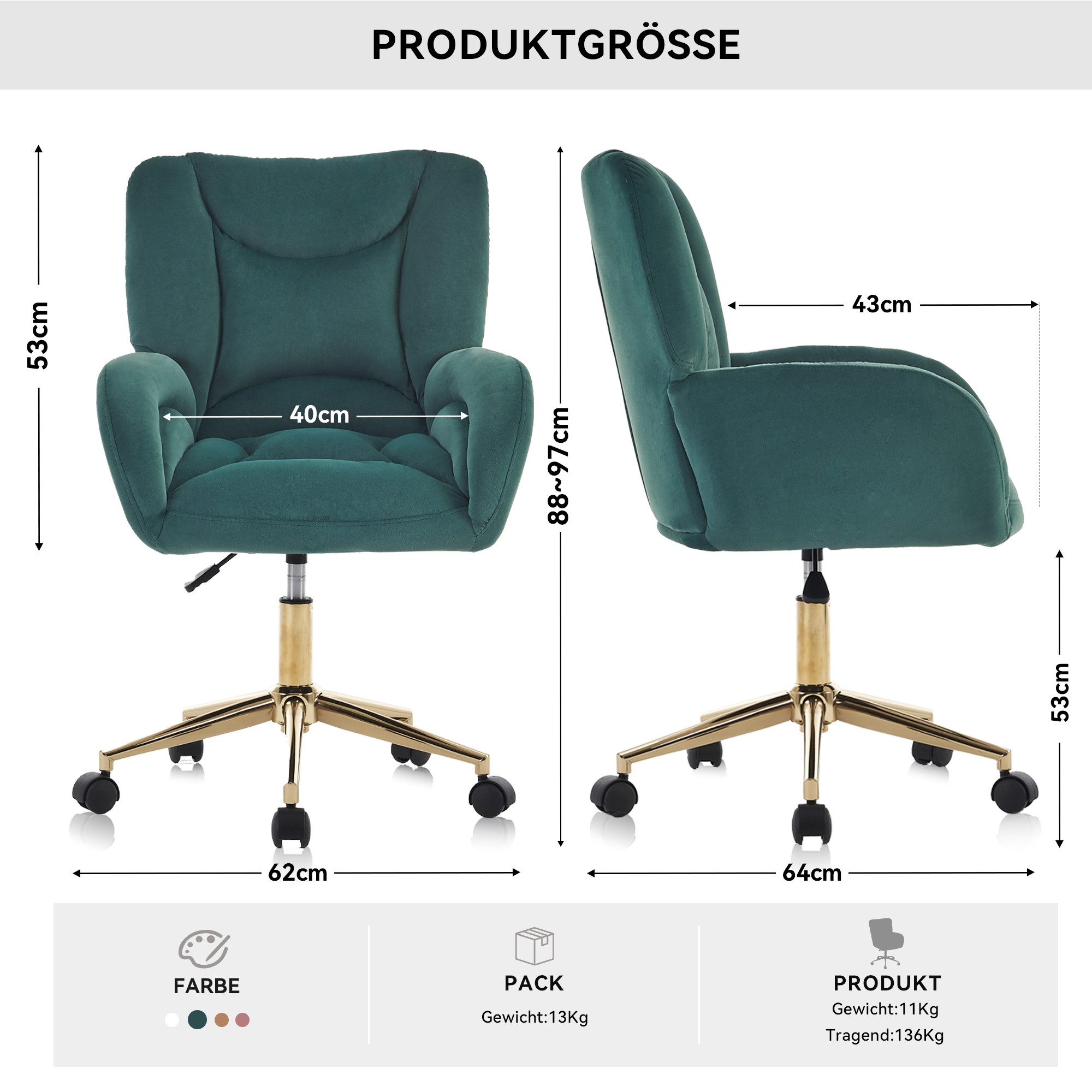 DEKKETO Polsterstuhl Bürostuhl, Schreibtischstuhl, Schminkstuhl & Drehstuhl aus Samt (1 St), mit goldenem Fußkreuz, ideal für Schlafzimmer & Home Office
