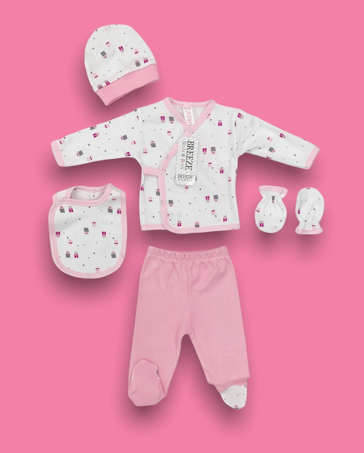 Breeze Neugeborenen-Geschenkset Baby Set (5er Set, 5-tlg., hose oberteil sabbertuch) 100% Baumwolle Pink