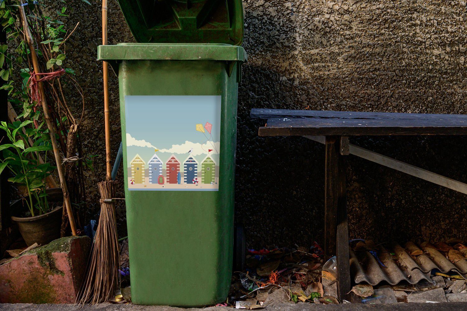 Mülleimer-aufkleber, Sticker, farbigen Strandhäusern St), Container, MuchoWow Wandsticker Illustration von Abfalbehälter (1 Mülltonne, Eine