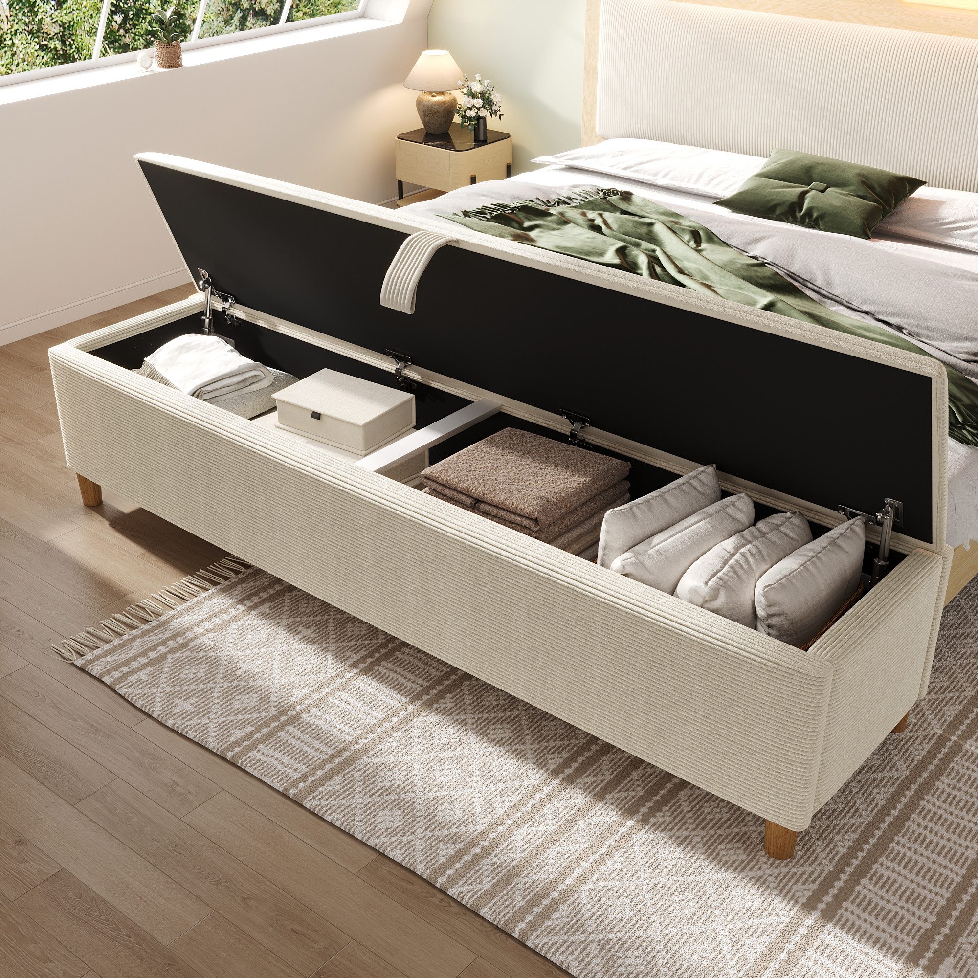 HAUSS SPOLE Holzbett Bettbank mit Stauraum, 145x38cm für Schlafzimmer Flur, Beige Cordstoff (Polsterbank, 1-tlg., Aufbewahrungsbox), 145 x 38 cm