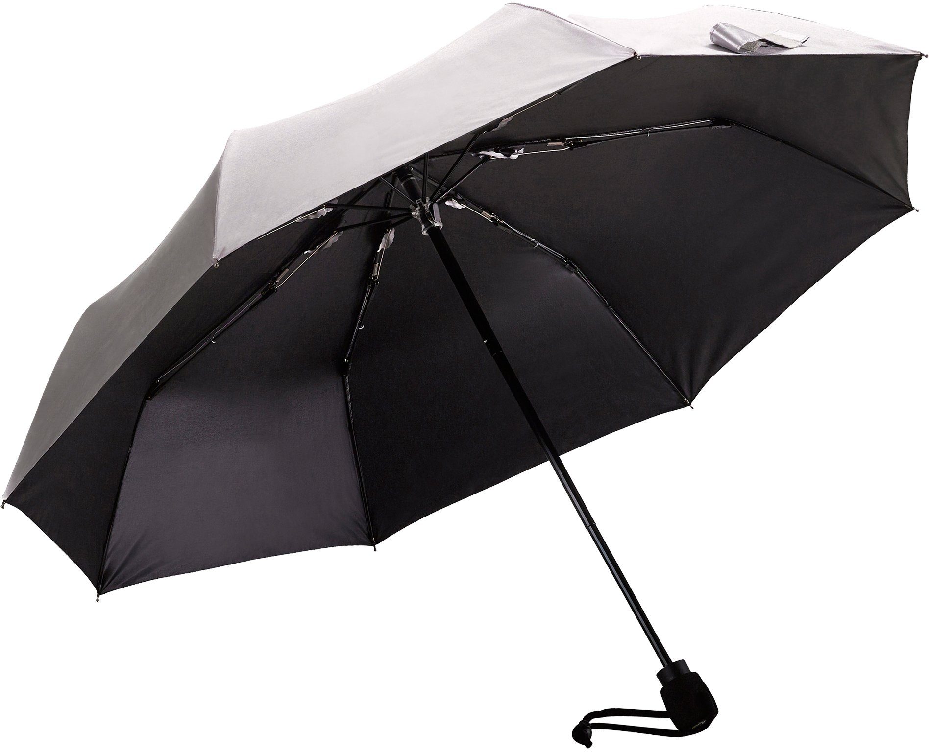 EuroSCHIRM® Taschenregenschirm light UV-Lichtschutzfaktor 50+ und silber, mit trek, Kompass integriertem