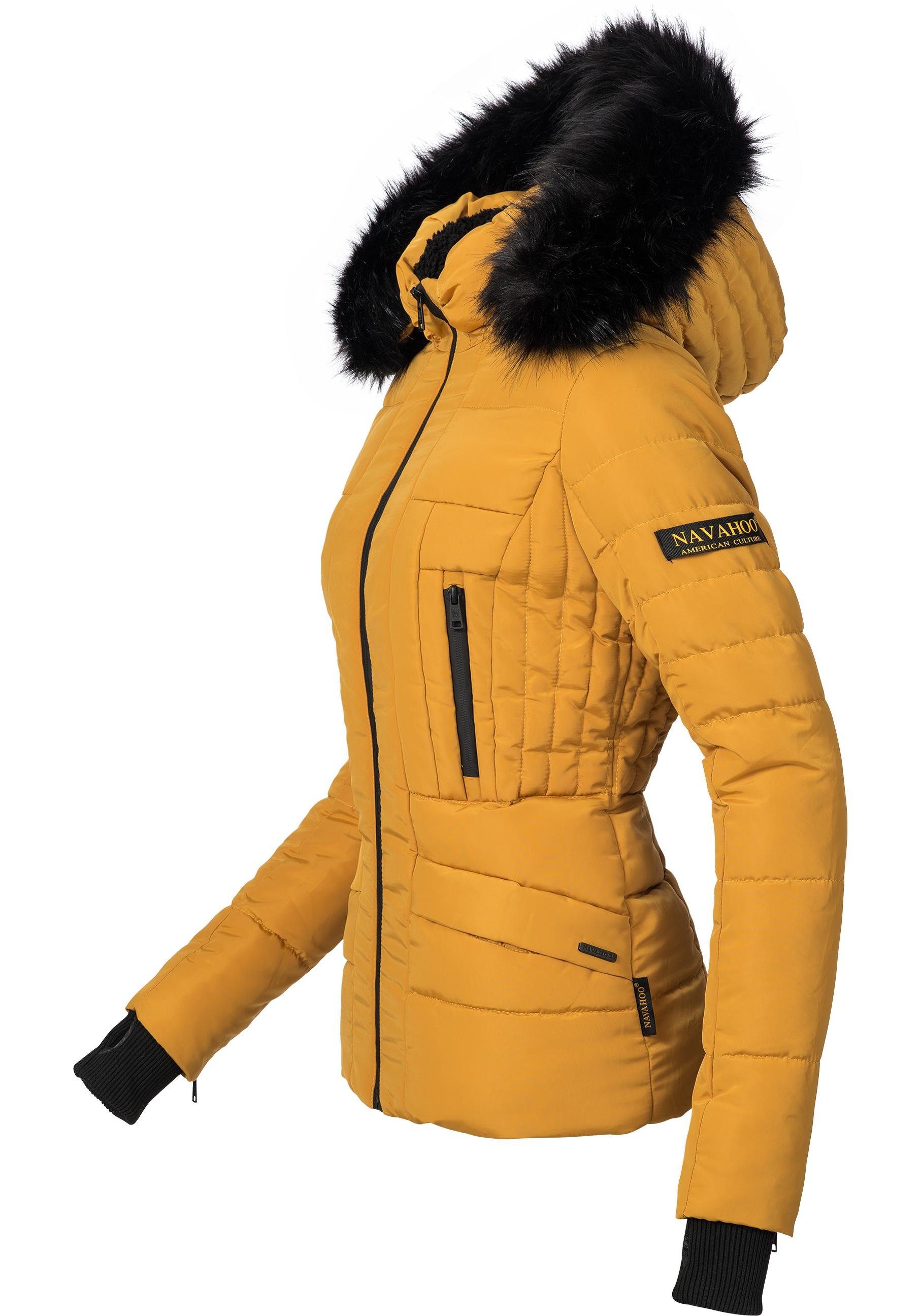 Navahoo Steppjacke Winterjacke Adele hochwertige gelb mit edler Kapuze Kunstfell