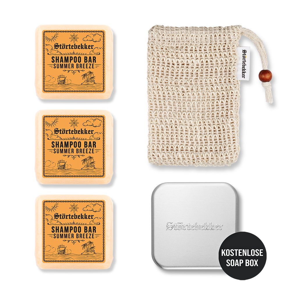 Störtebekker Festes Haarshampoo Duschset Hair - 3x festes Shampoo mit Sisal Soap Bag & Seifendose