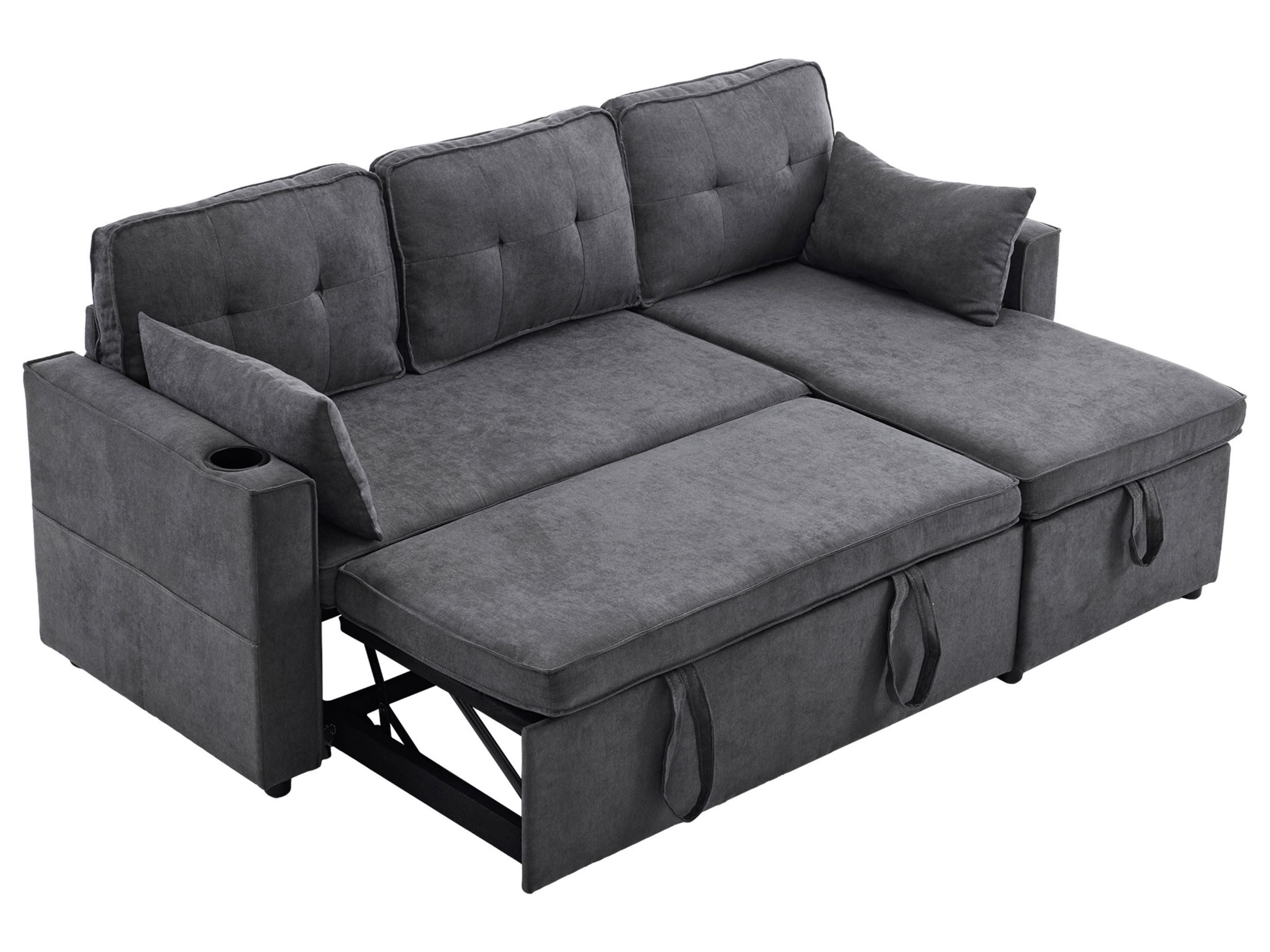 SeedWave Schlafsofa Ecksofa-Bett mit Wendbarer Ottomane, Inklusive Stauraum, Leinenstoff, Integrierter Becherhalter, Stilvolles 3-Sitzer