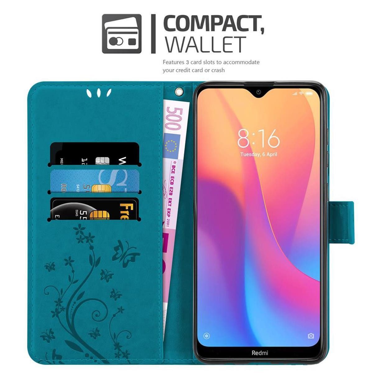 Cadorabo Handyhülle für Xiaomi RedMi 8A Hülle Xiaomi RedMi 8A, Hülle Schutzhülle Blumen Flower mit Standfunktion Kartenfach Magnet