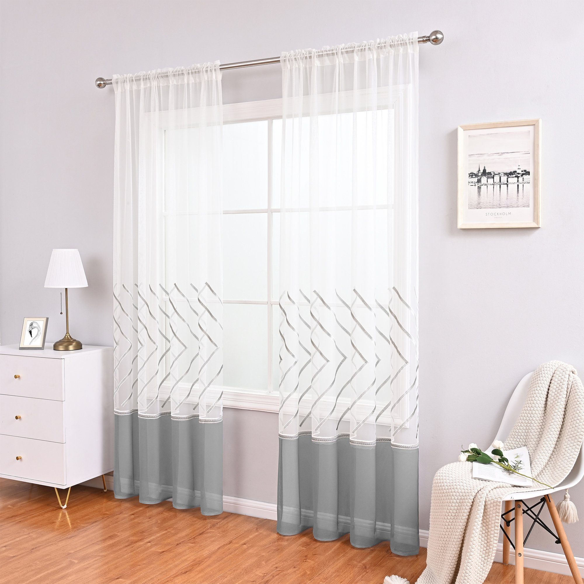 Gardine, HOMEIDEAS, Stangendurchzug (2 Vorhänge halbtransparent, Polyester, Zweifarbige Linienmuster mit St)