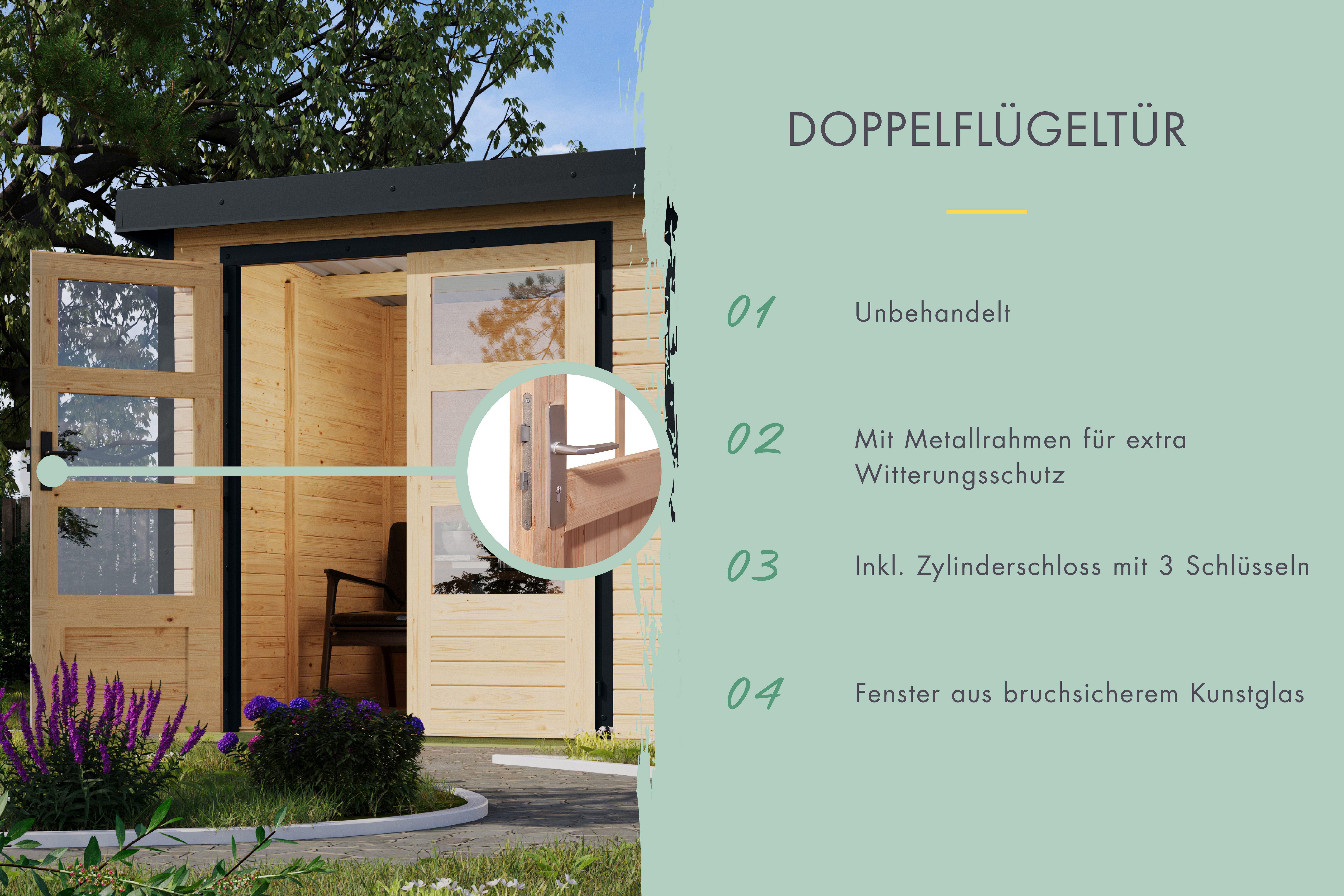 Karibu Gartenhaus Jupiterino 2 SET, in verschiedenen Farben, BxT: 453x235 cm, (Set), inkl. Anbaudach, Made in Germany
