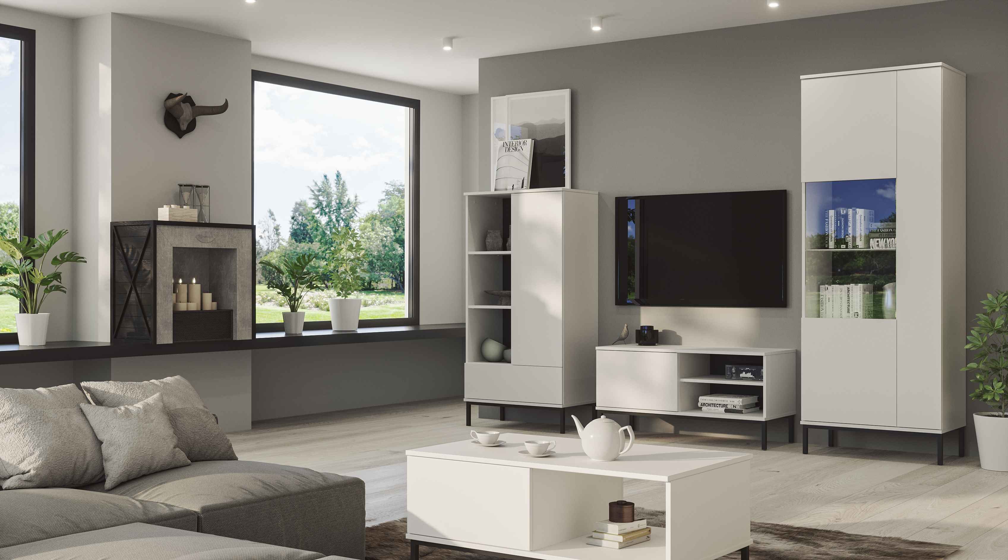 Furnix Vitrine FORSETTI T41 B70 Sie Highboard Sortiment) 6 Serie (Weitere matt unserem cm x Fächer, finden x elegant R70 Weiß Schublade, H140 der in Artikel