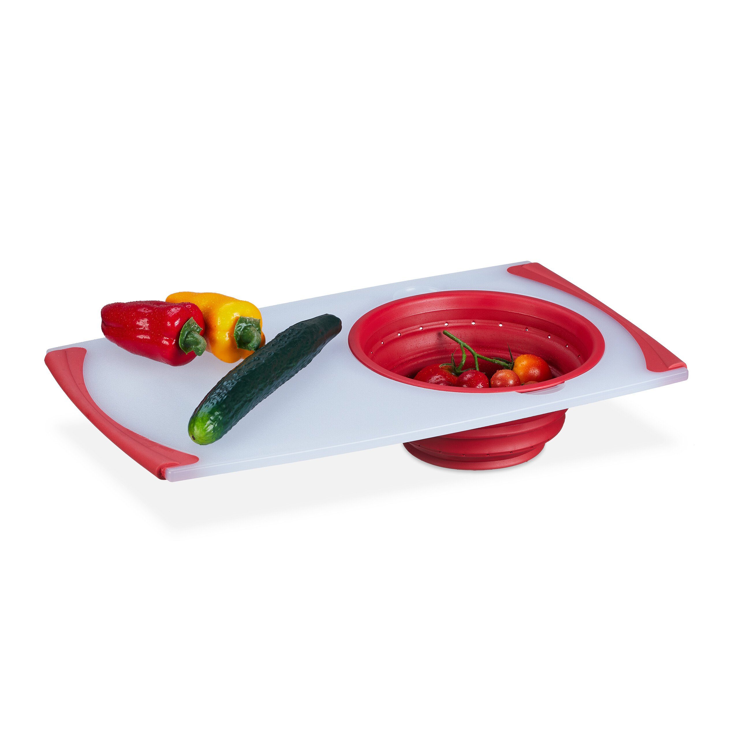 relaxdays Schneidebrett mit Sieb, Kunststoff, rot