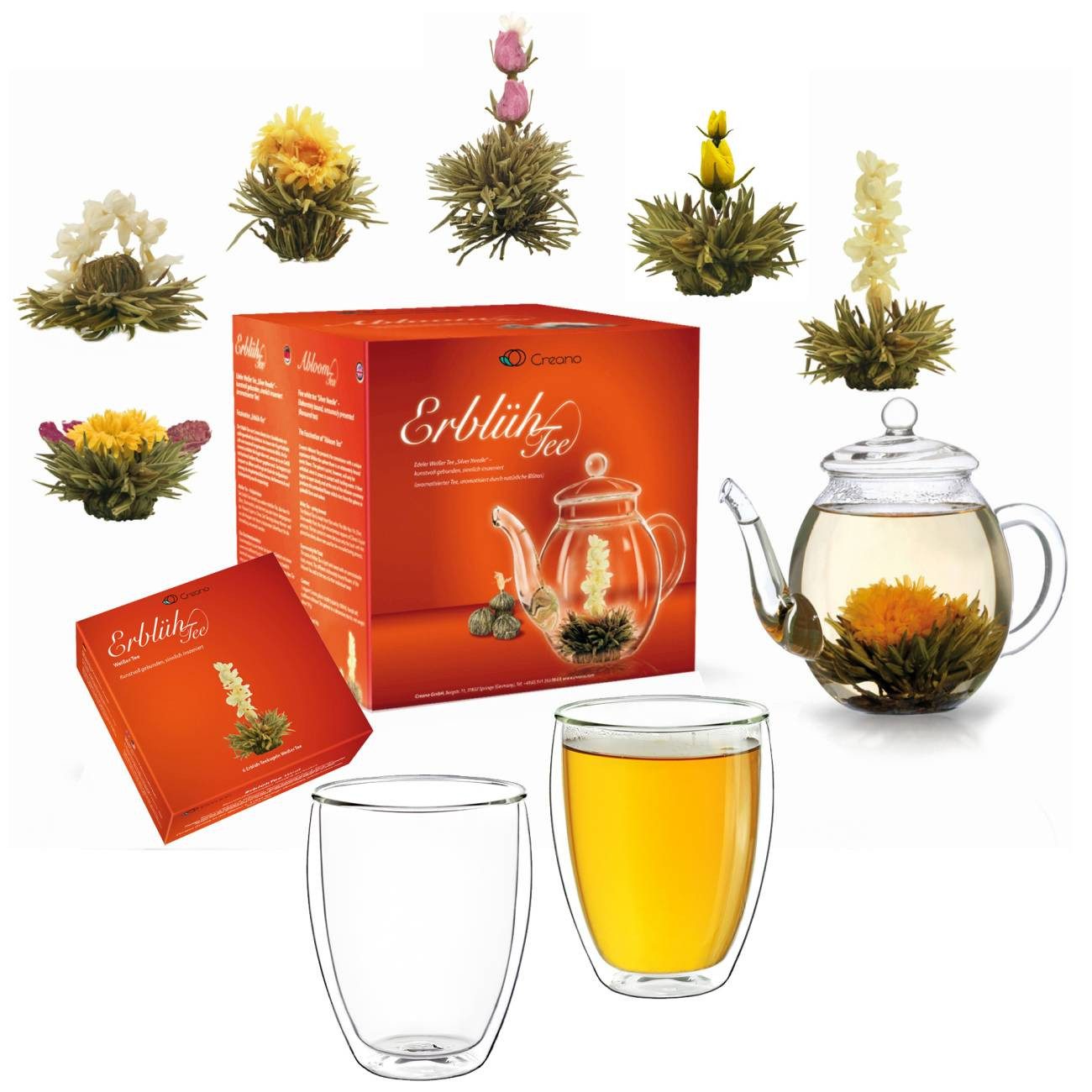 Creano Tee Teeblumen Mix - Geschenkset mit Glaskanne & 2 Gläsern & 6x Weißer Tee, 1 x 6 St.