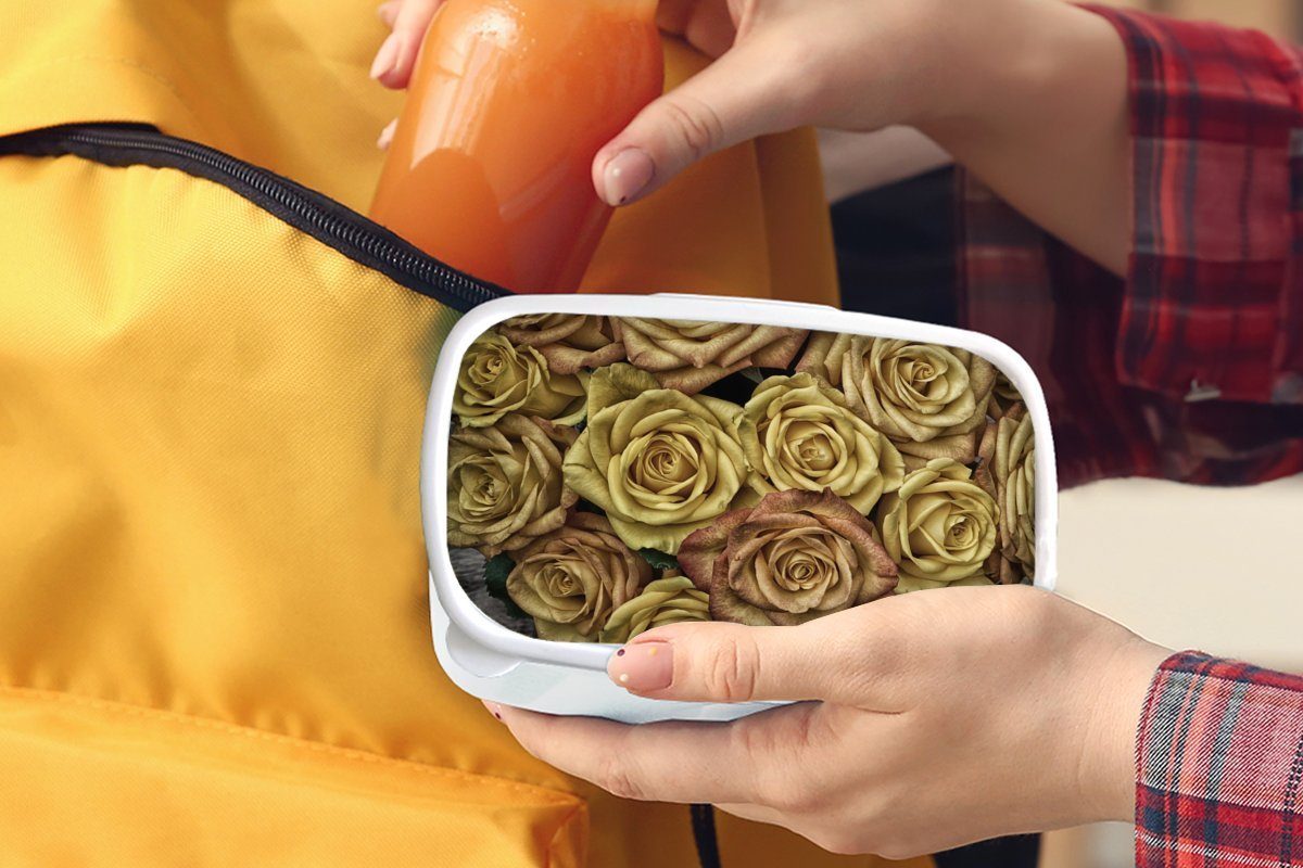 (2-tlg), Kunststoff, MuchoWow Gold Erwachsene, Brotdose, - - Kinder für Mädchen für Rosen Lunchbox weiß und Jungs und - Braun Blumenstrauß, Brotbox
