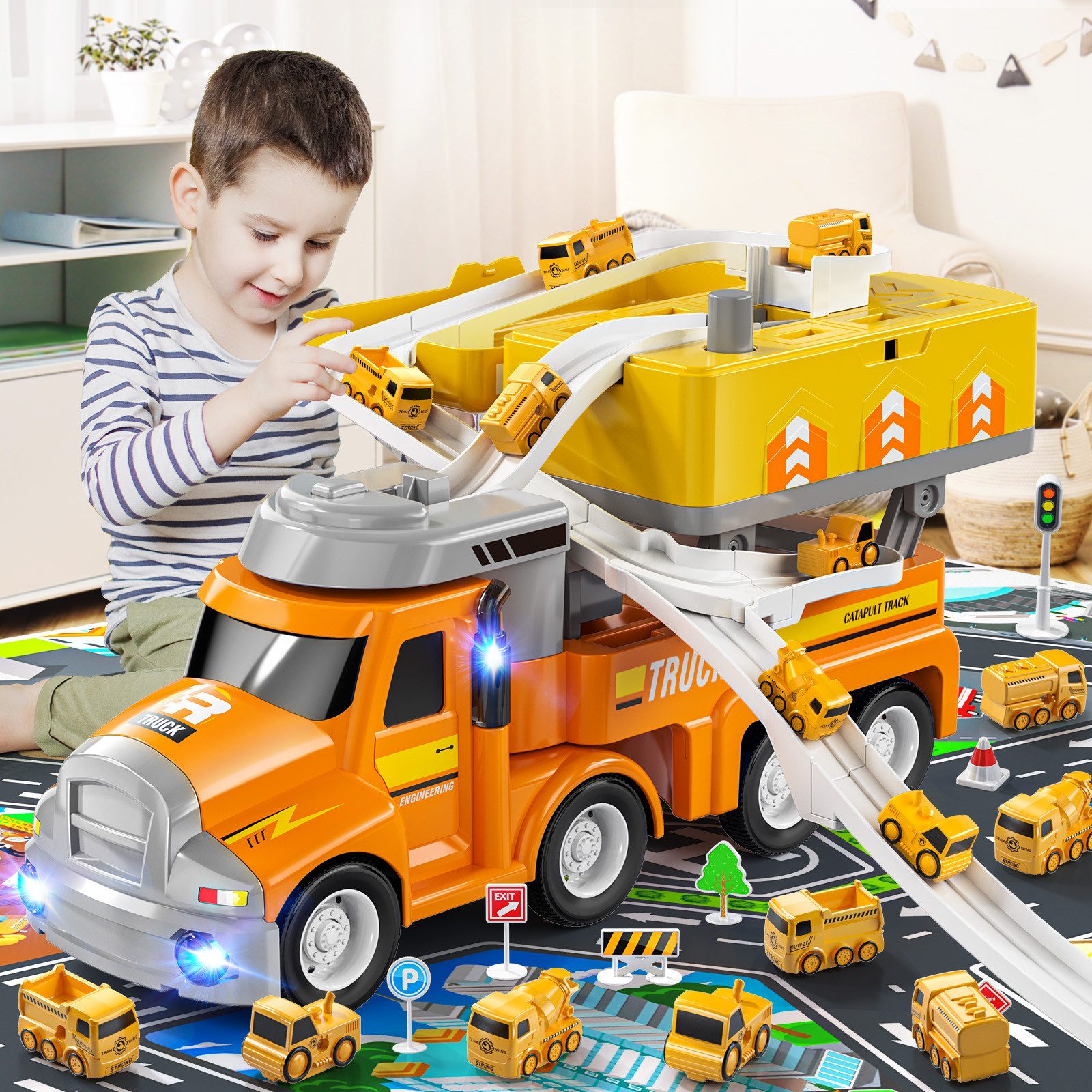 TEMI Spielzeug-Auto Auto Abenteuer Spielzeug Auto Träger Spielzeug mit 8 Mini Fahrzeuge, (Set, 1 x Spielzeugauto,8 x Kleinwagen,1 x Karte), Ausgestattet mit Ton und Licht, abnehmbare Schieberkombination