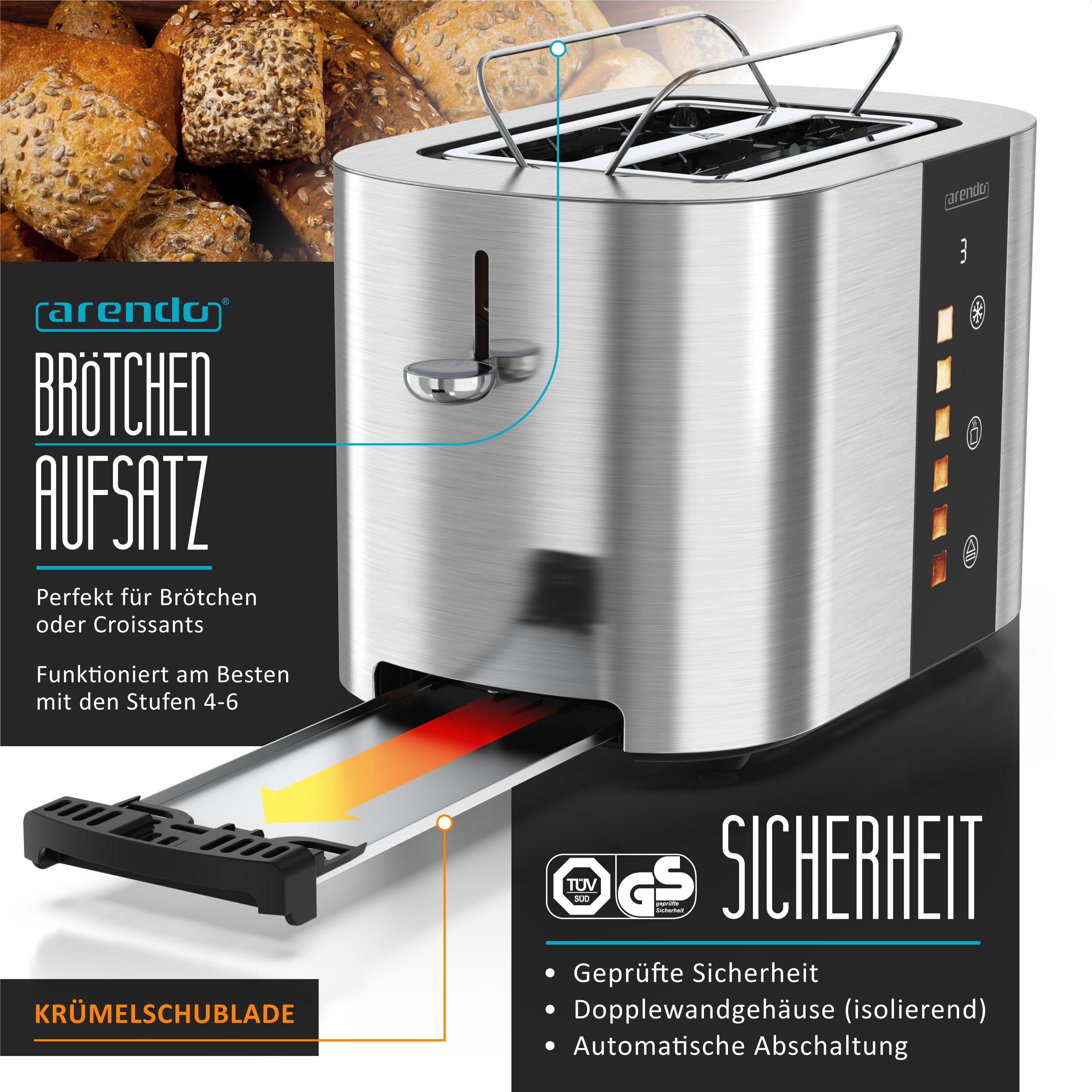 Arendo Toaster 2-Scheiben Kurzschlitz Edelstahl, Touch, Restzeit Bräunungsgradanzeige, 2 Schlitze, für 2 Scheiben, 800 W, Brötchenaufsatz, Wärmeisoliert, Toast- – Bild 4 von 5
