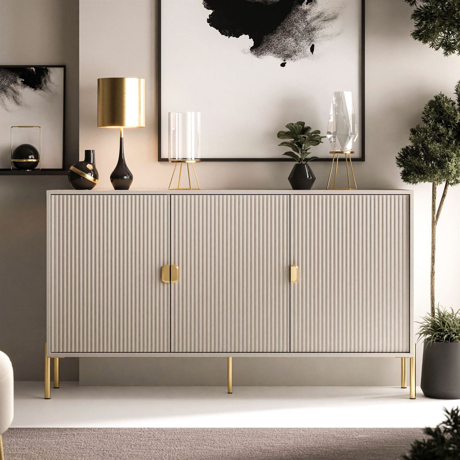 Kommode GRANDE geriffelte Front gold Beine und Griffe - Sideboard
