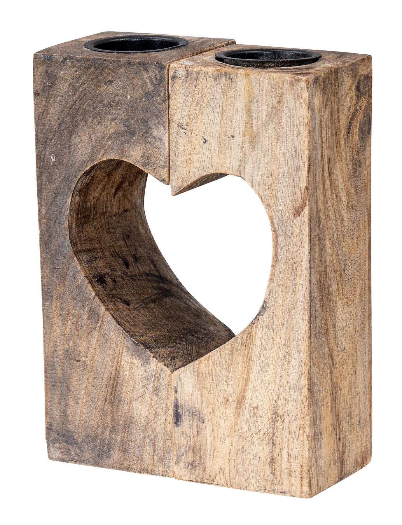 Levandeo® Teelichthalter, Teelichthalter Herz H20cm Mango-Holz Natur Braun Kerzenhalter Geteilt