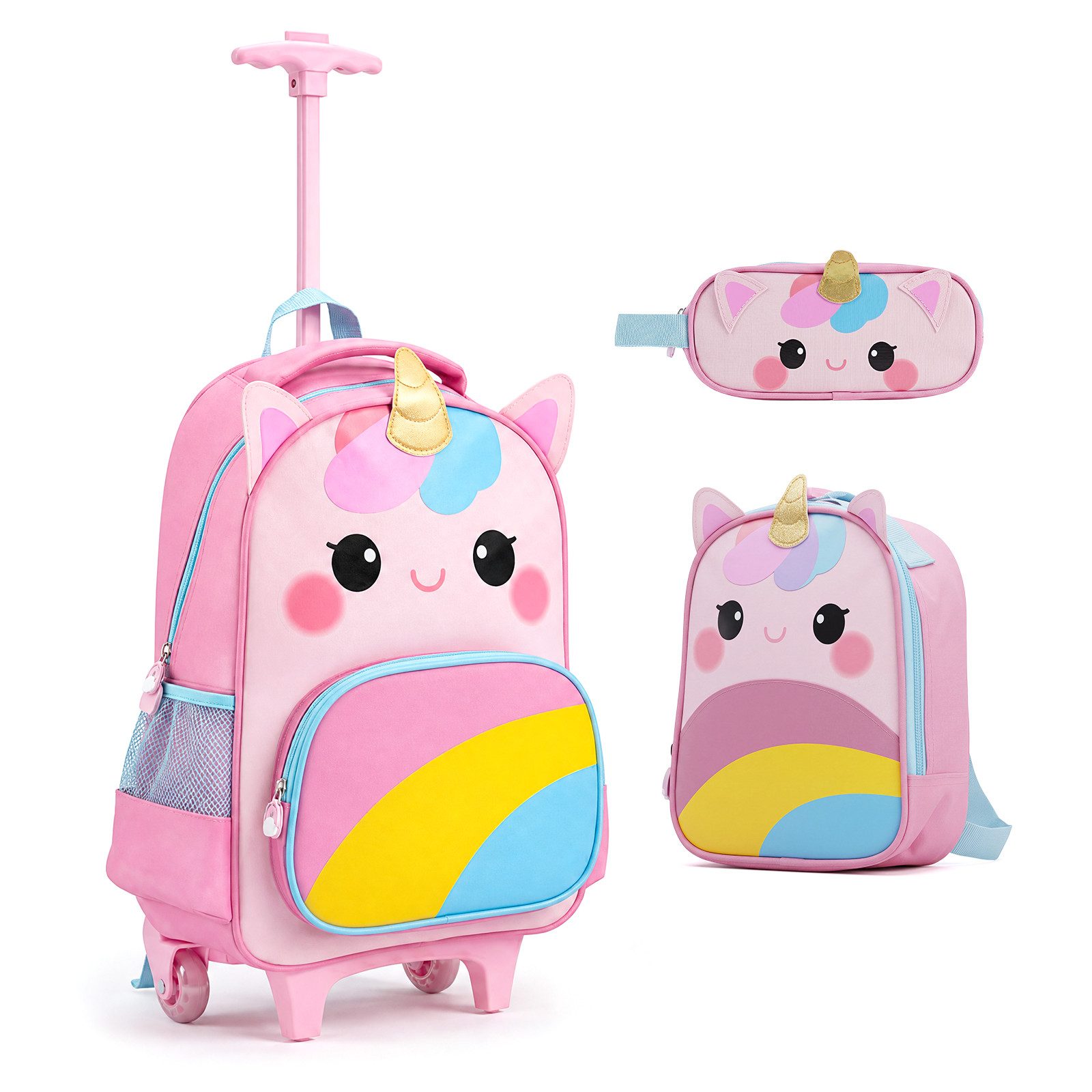 COSTWAY Kinderkoffer 3-teiliges Rollrucksack Set, 2 Rollen, Schulrucksack